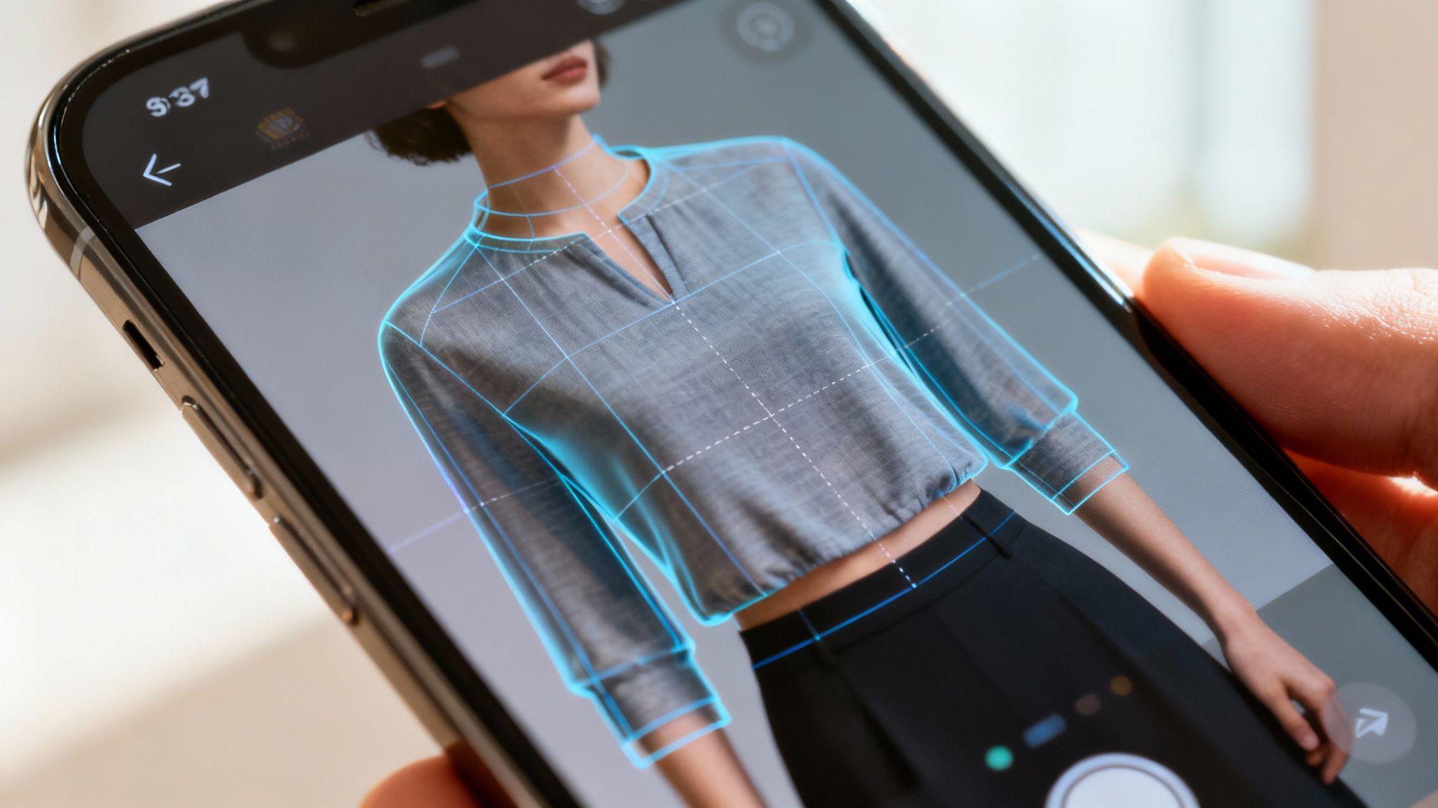 A woman using her phone to virtually try on clothes online, with digital overlays of outfits on her image.