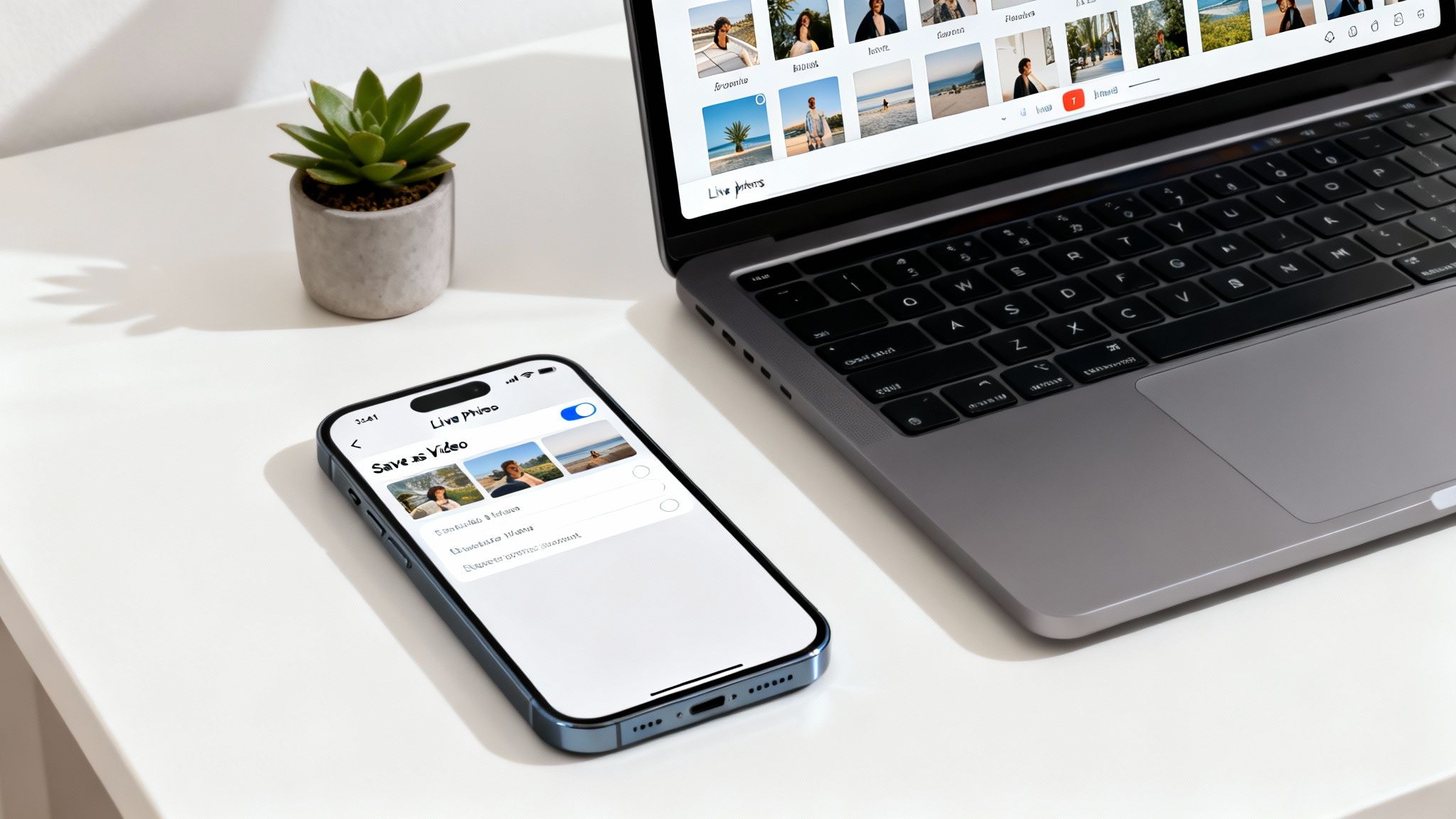 A modern iPhone converting live photos to video, placed beside an open laptop on a white desk.