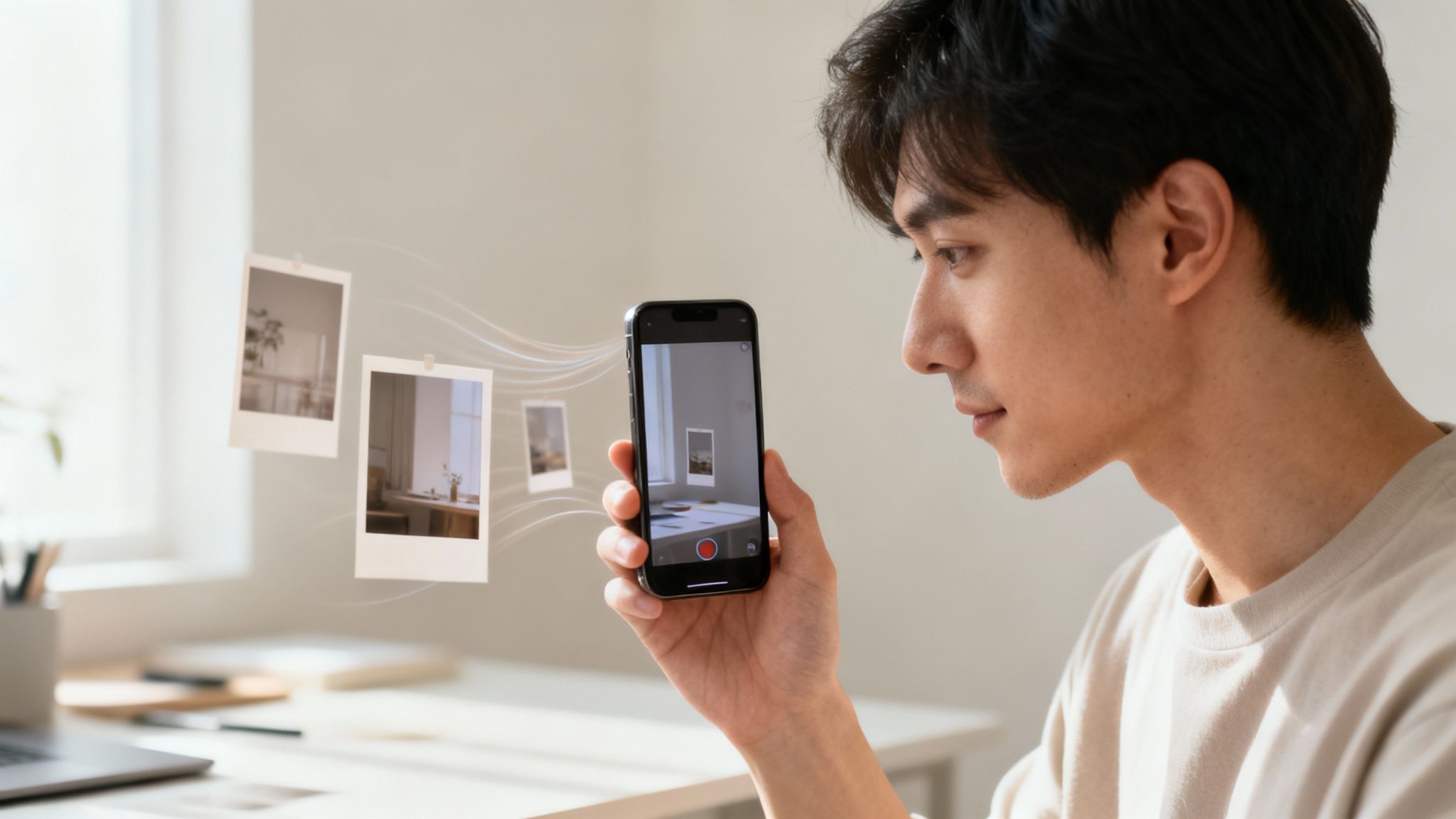 A man uses a smartphone to scan or interact with floating digital polaroid photos in a bright room.