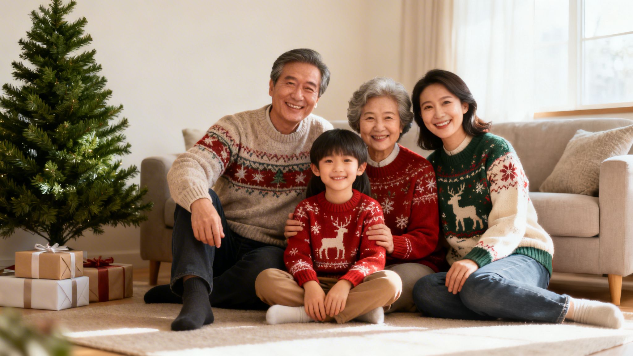 Smiling multi-generational family in festive Christmas sweaters sits on floor with presents and tree.