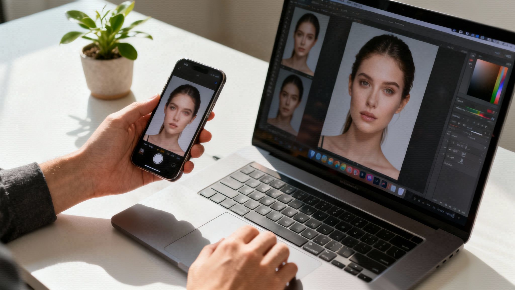 Person's hands holding a smartphone with a portrait photo, editing it on a laptop.