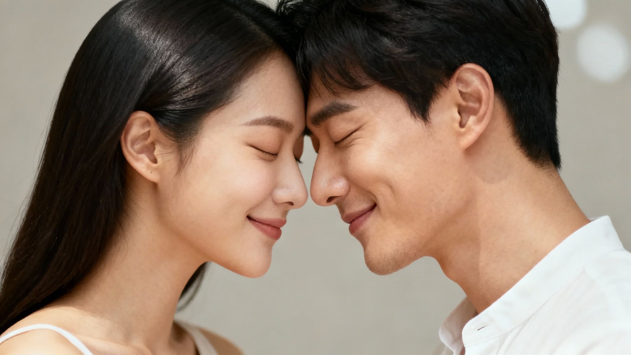 Happy Asian couple touching foreheads intimately with eyes closed and genuine smiles