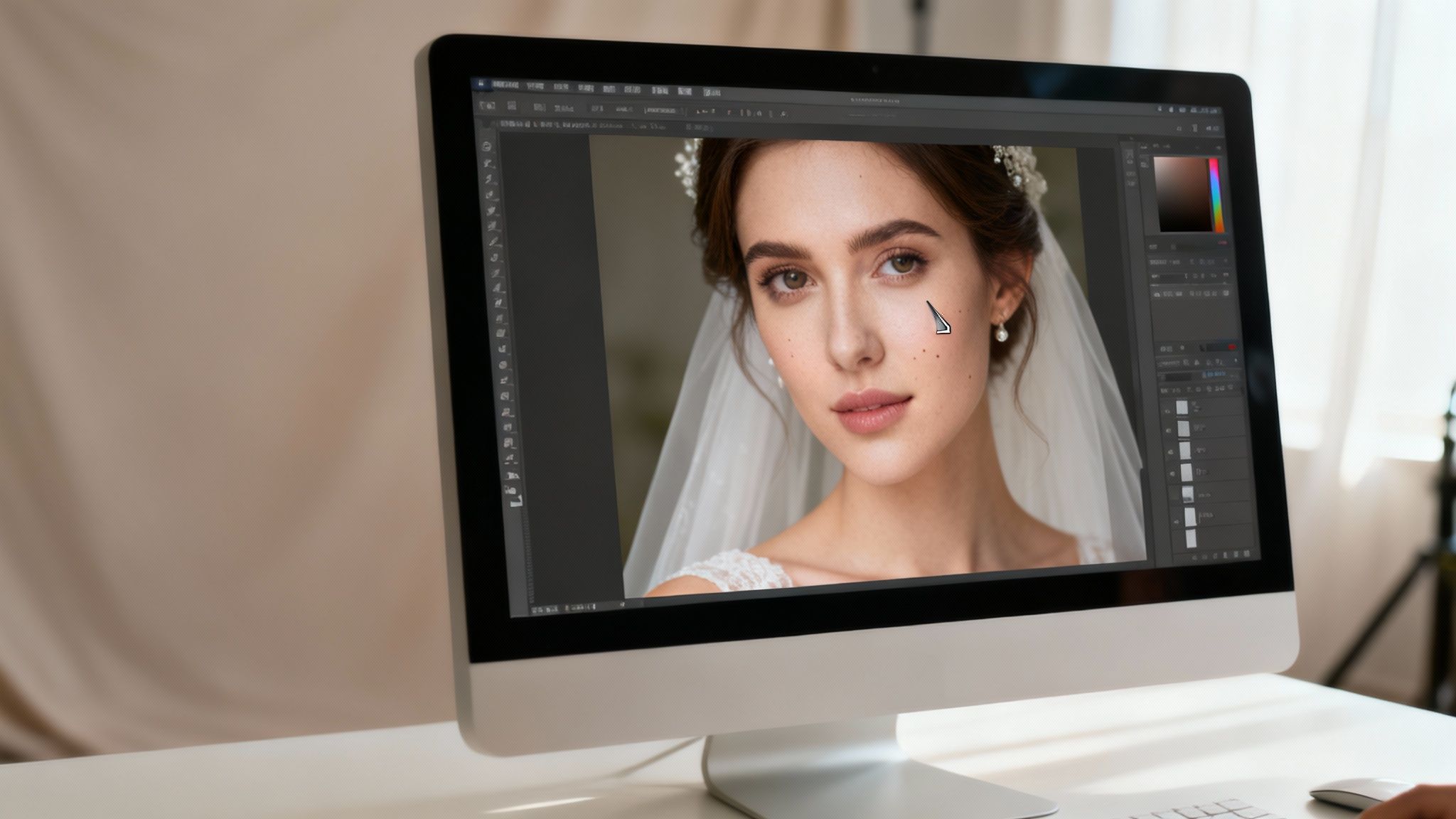 A computer monitor displays a beautiful bridal portrait being retouched with a cursor on her cheek.