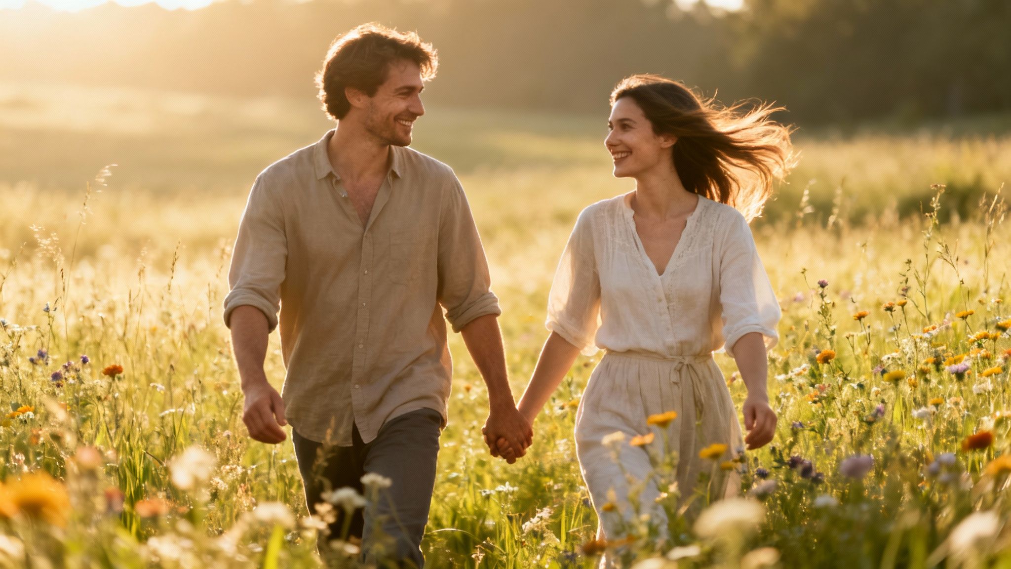 Happy couple holding hands, walking through a sunlit field of wildflowers, smiling at each other.