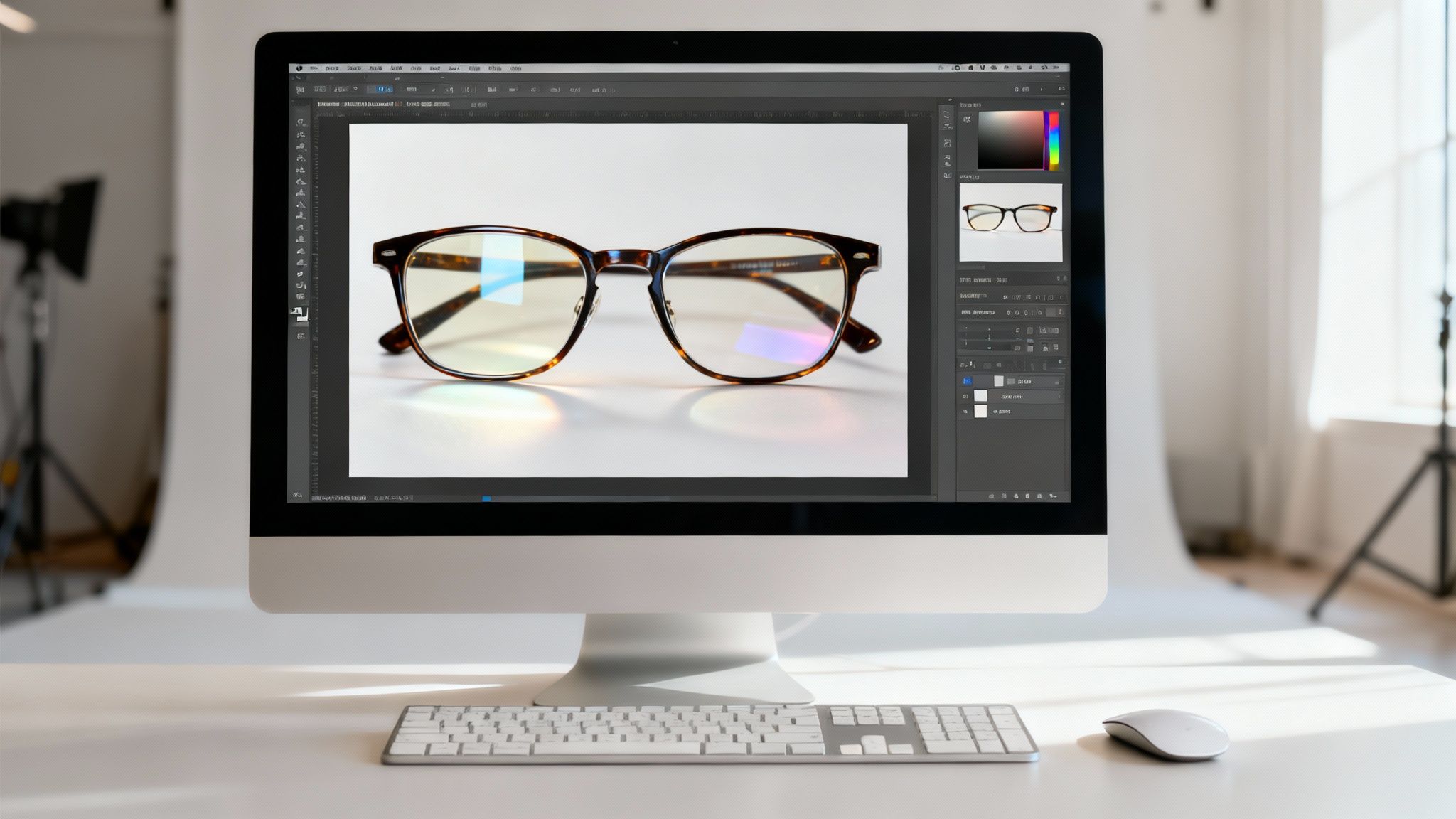 A computer monitor displays an image of tortoiseshell glasses on a white desk in a photo studio.