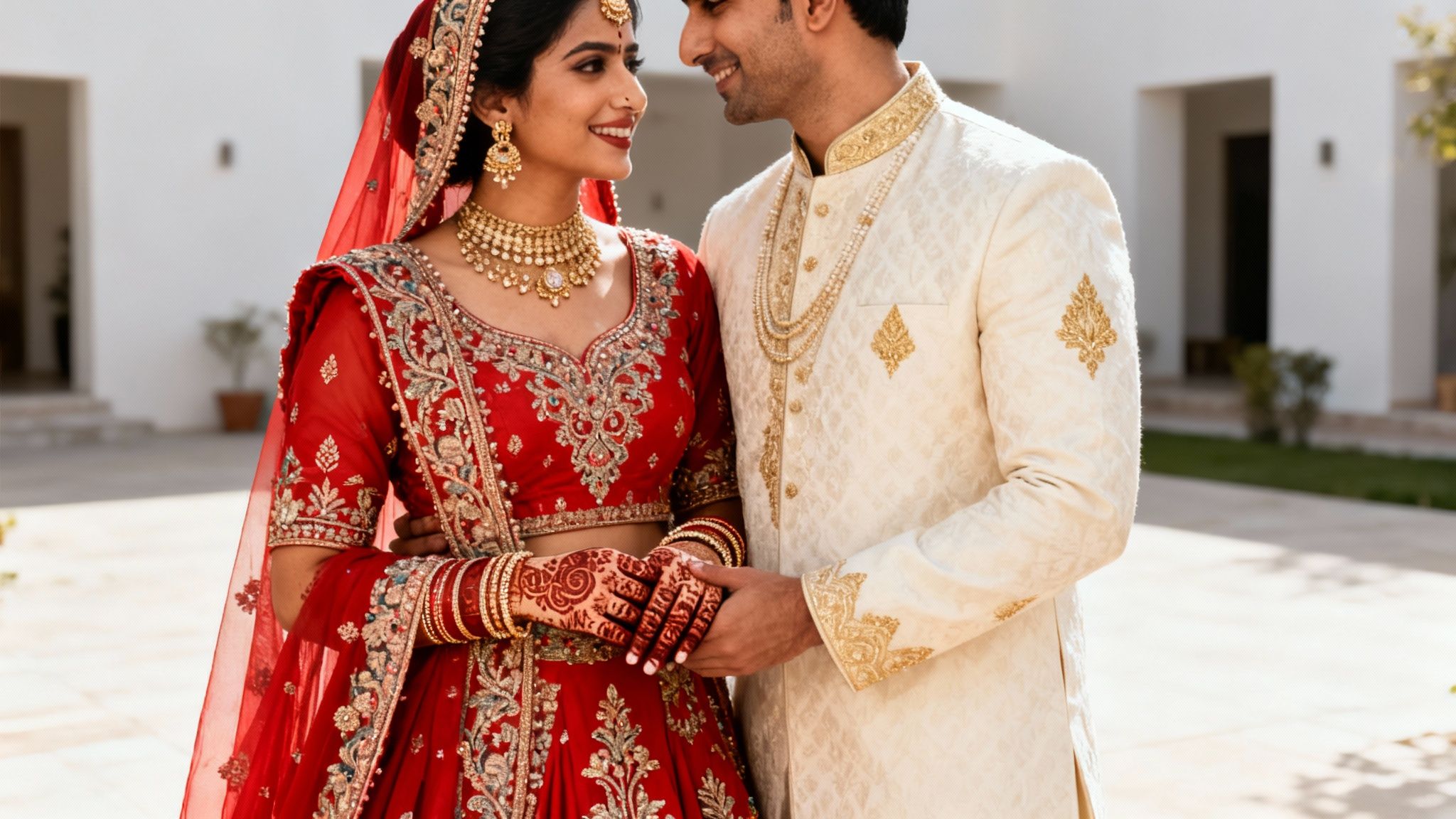 A joyous Indian bride and groom in traditional attire, smiling and holding hands.