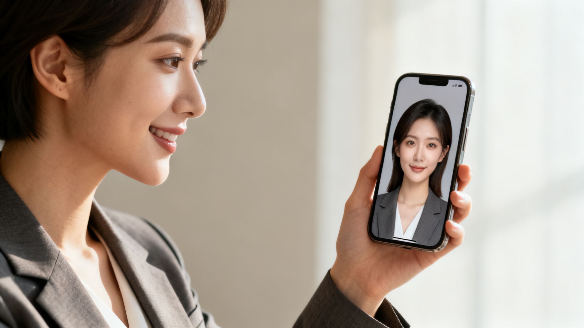 A smiling woman in a blazer holds a smartphone displaying an AI-generated professional profile picture.