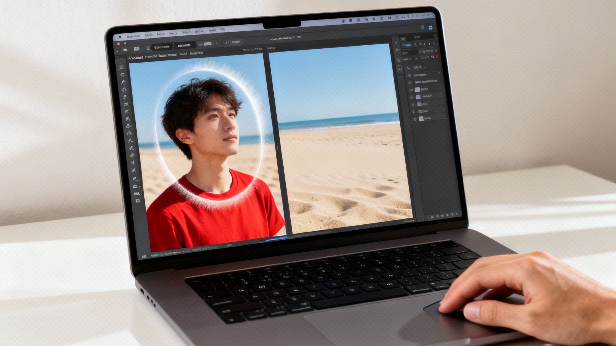 A person's hand uses a laptop showing photo editing software with a man and a beach scene.