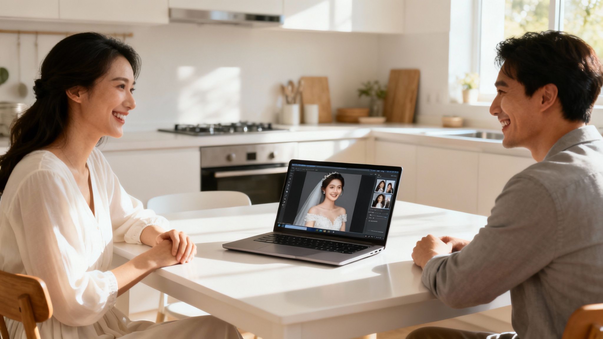 A happy couple reviews a potential wedding photo of a bride on a laptop in a bright kitchen.