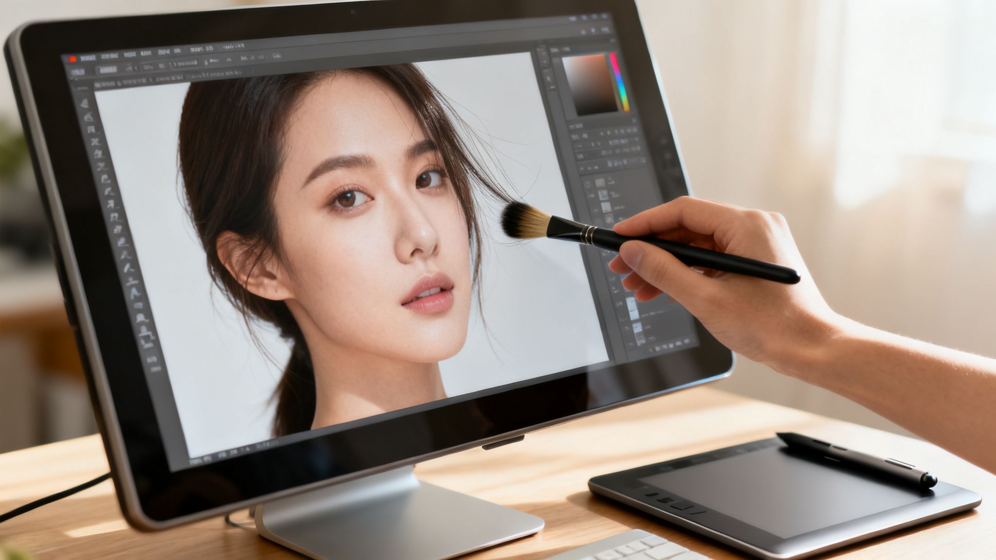 Hand uses a makeup brush to digitally retouch a woman's face on a computer screen.