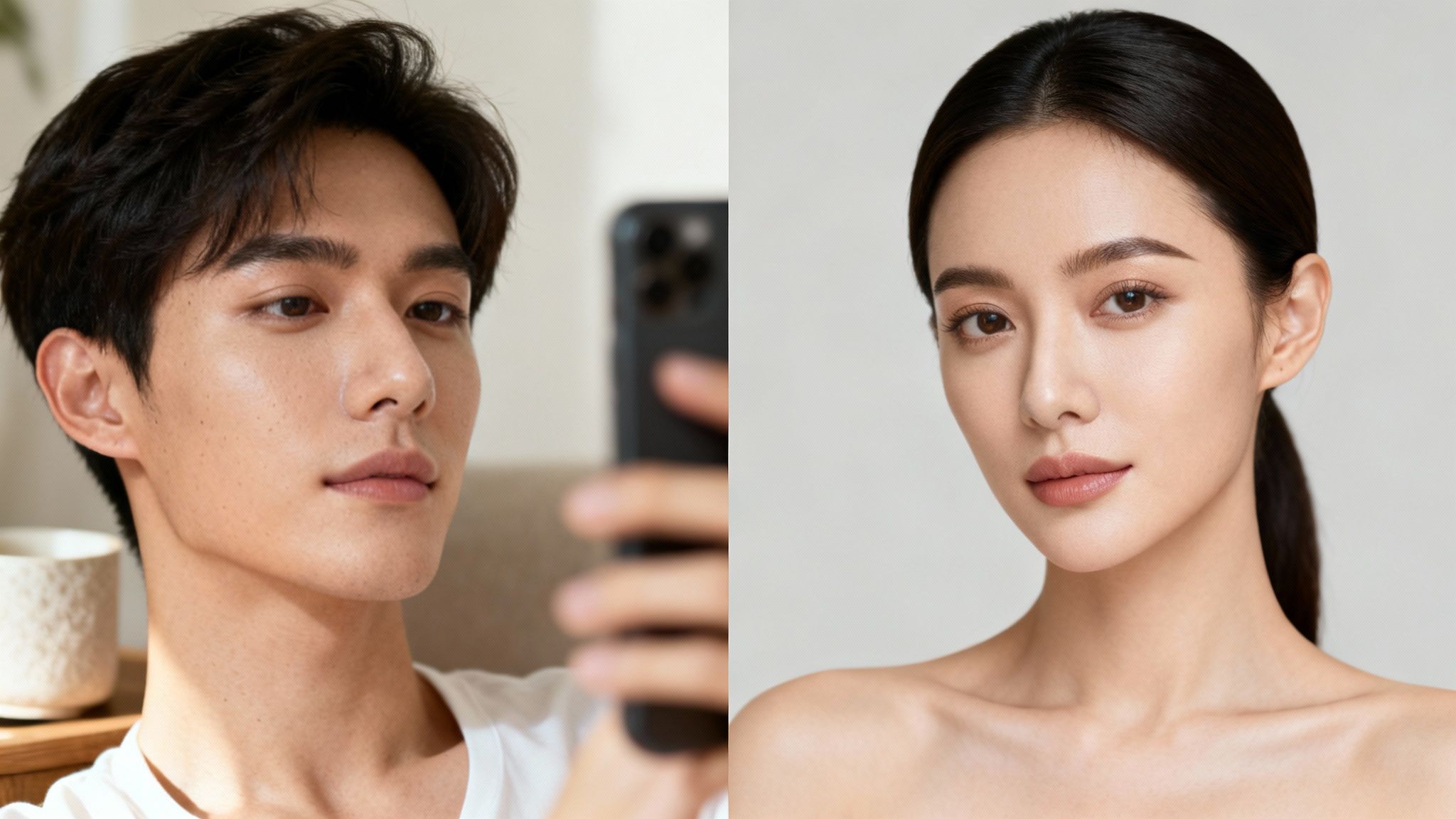 Split image of a man looking at a phone and a woman posing, both with clear skin.