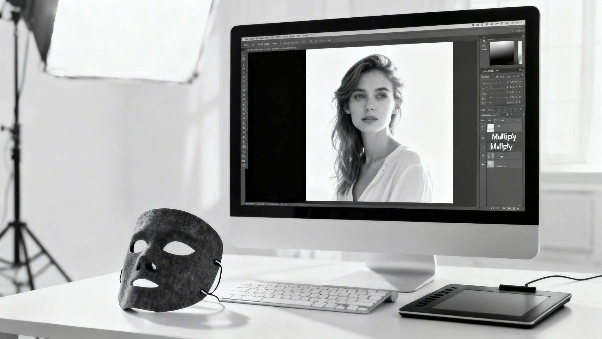 A desk with a computer showing photo editing software, a mask, and studio lighting.
