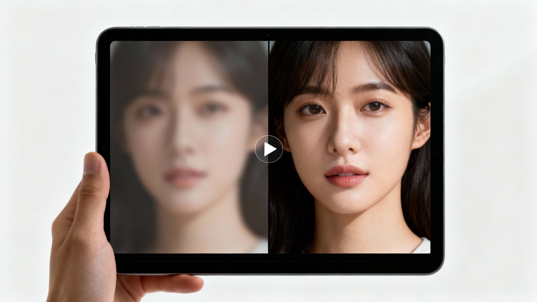 A hand holds a tablet displaying a blurry image on the left and a clear, enhanced face on the right.