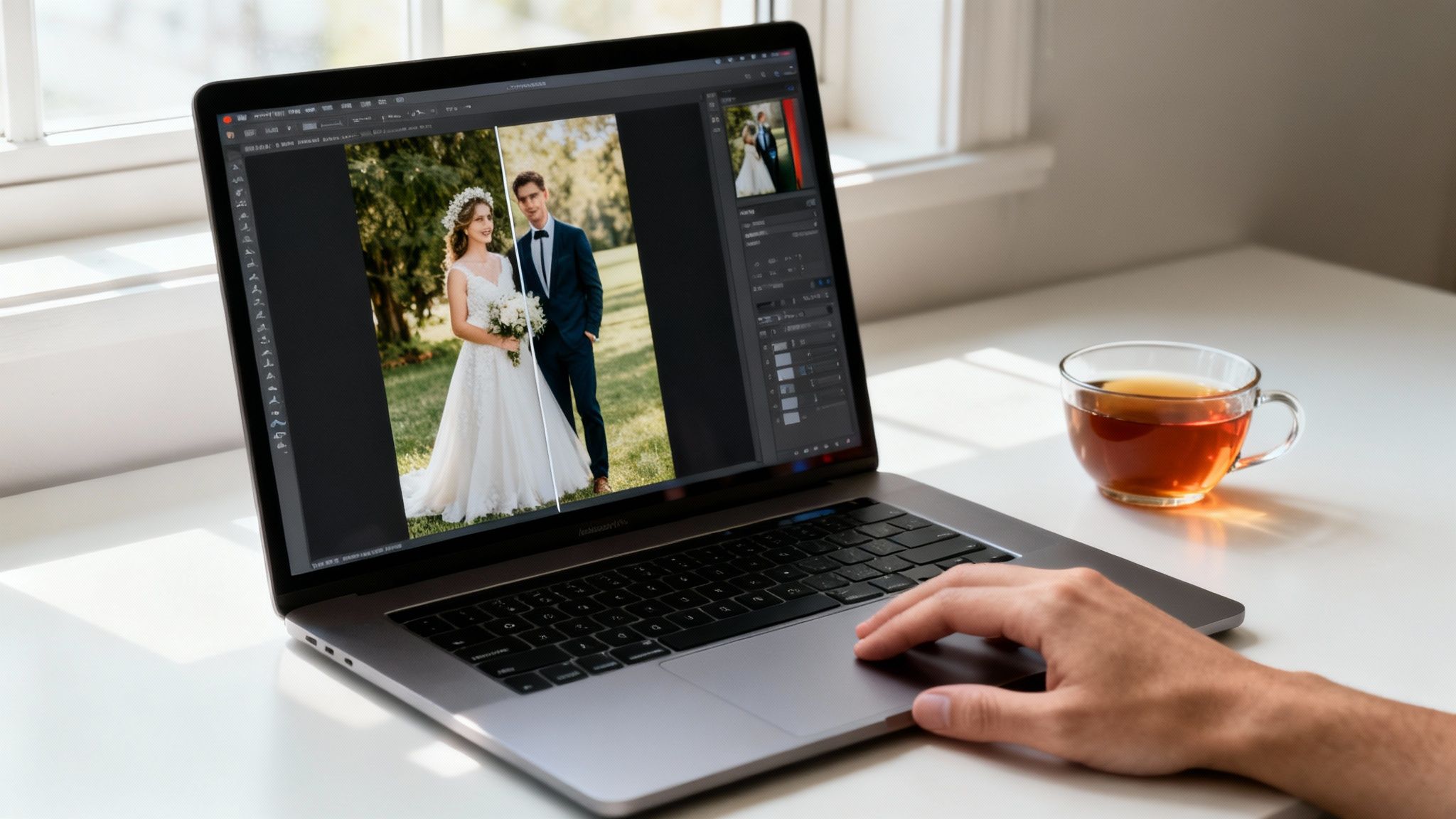 A person editing a wedding photo of a bride and groom on a laptop, with a cup of tea.