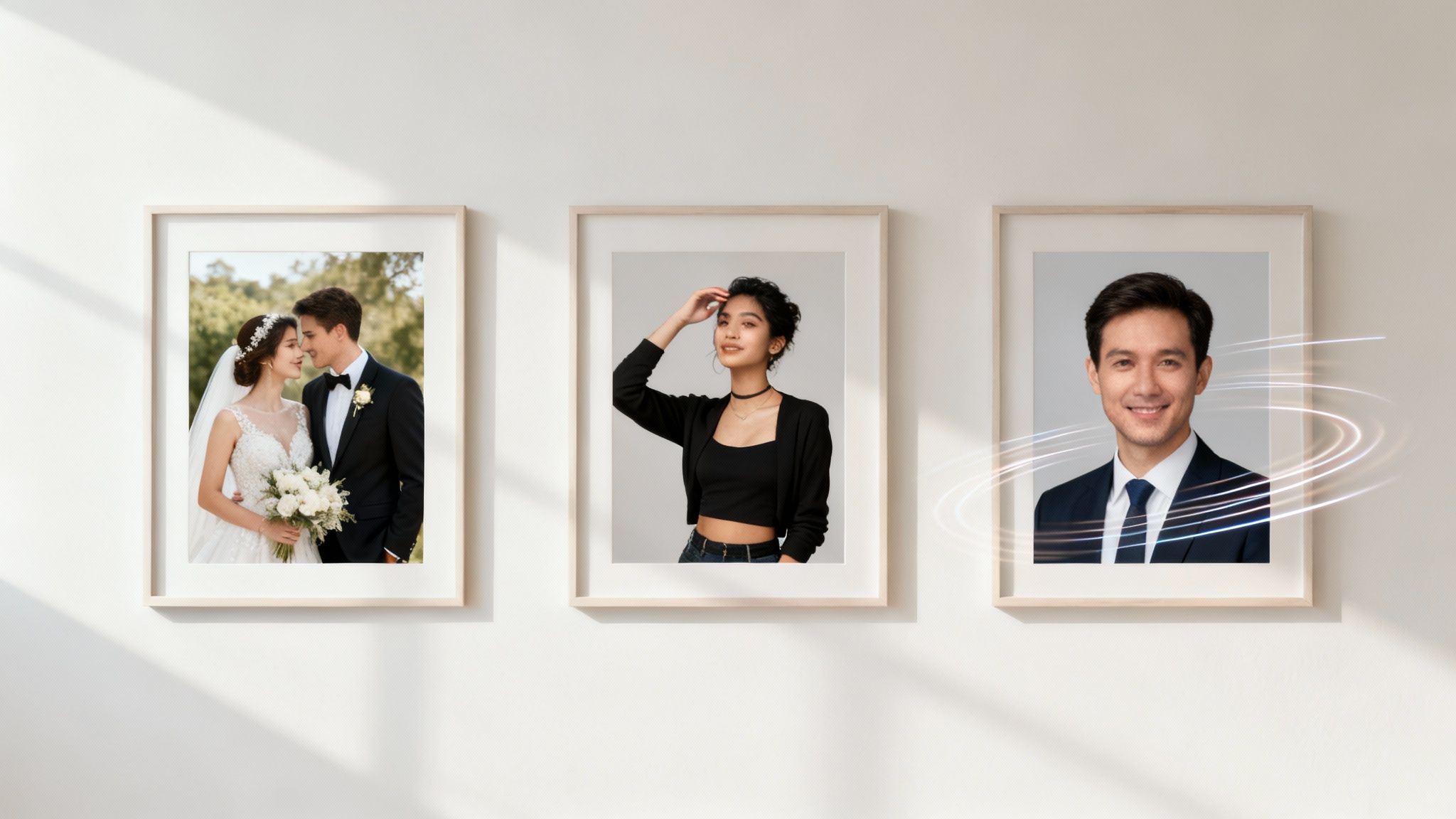 Three framed photos on a white wall: a wedding couple, a woman, and a smiling man with animated light effects.