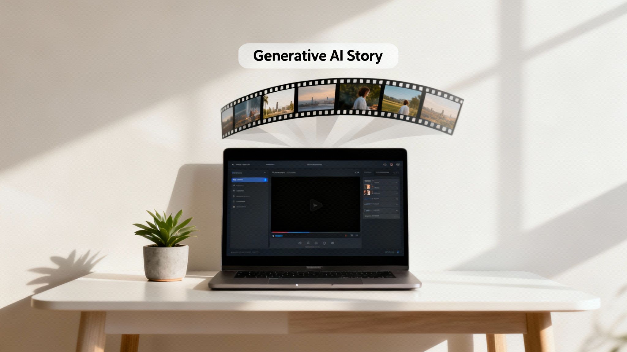 Laptop on a desk with a plant, showing a video editor, and a film strip titled 'Generative AI Story' above.