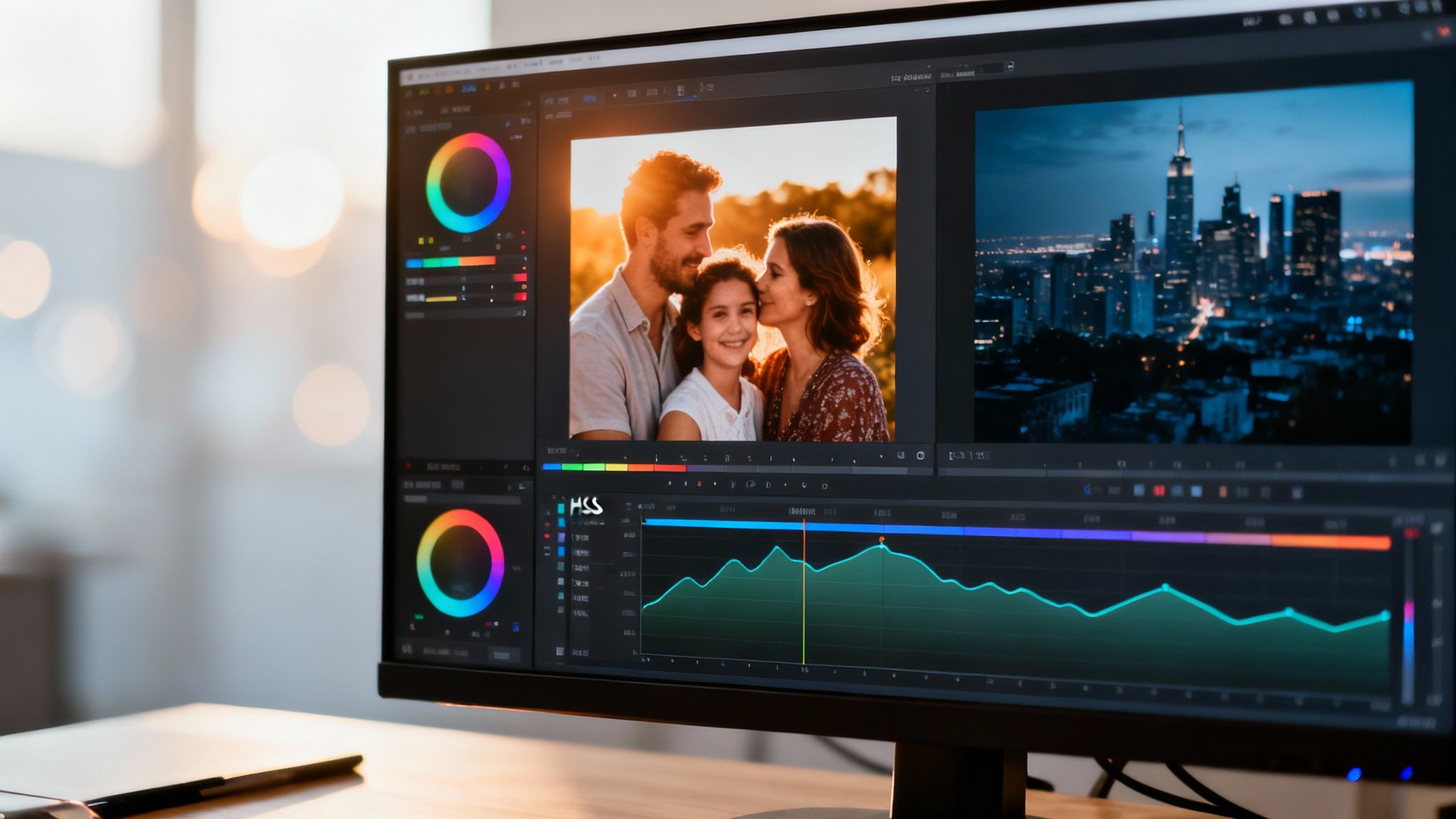 A professional retoucher meticulously editing a portrait on a high-resolution screen, showing fine details.