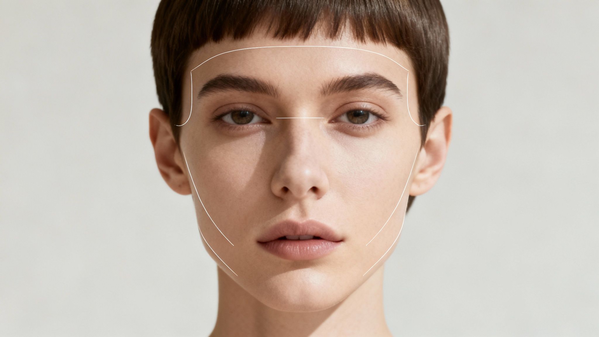 Close-up of a woman's face with white lines marking facial zones for analysis.
