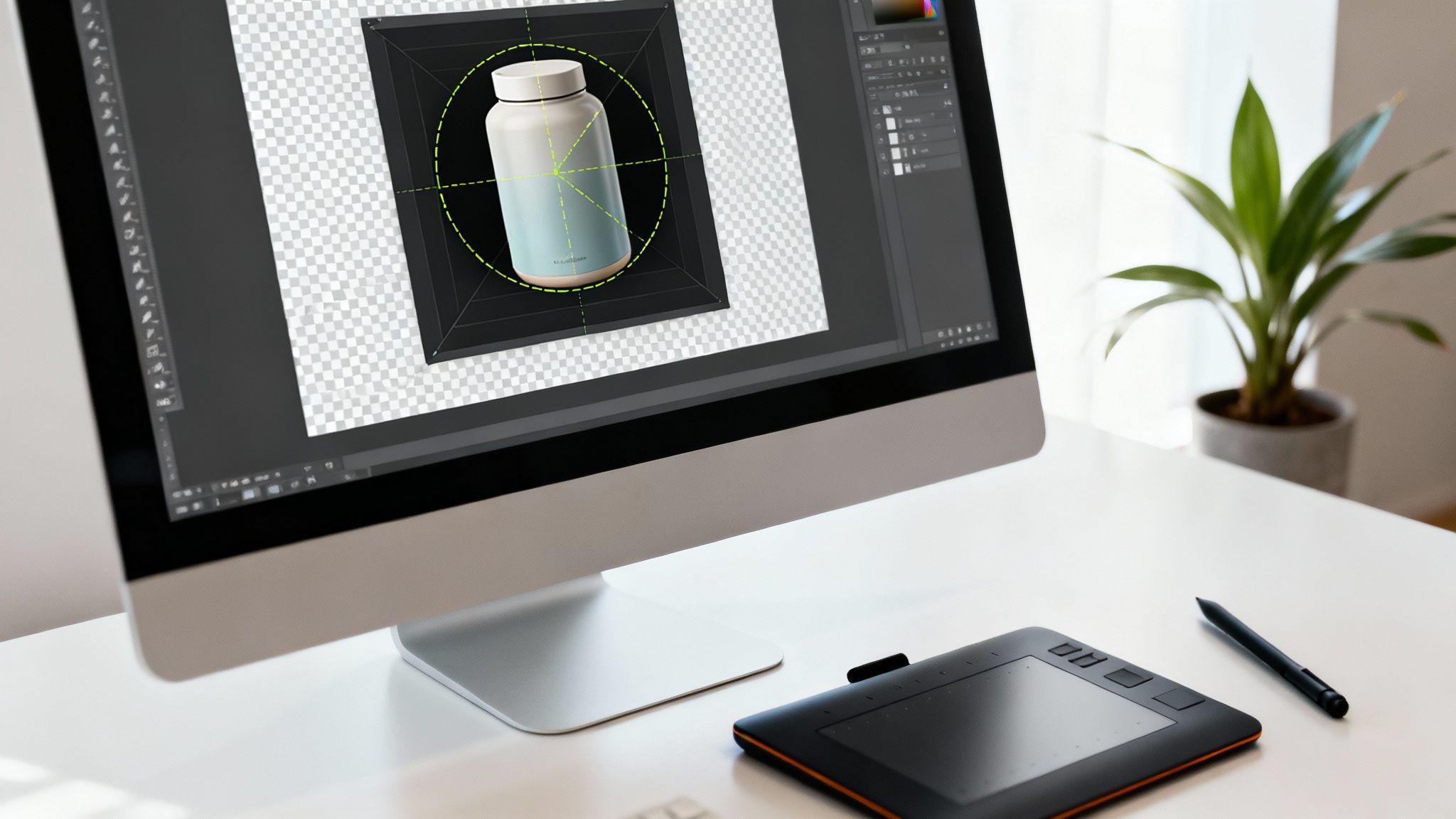 A person using a stylus to edit a photo on a graphics tablet, showcasing precision work.