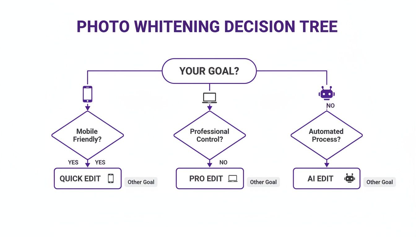 A photo whitening decision tree flowchart showing options for quick, pro, or AI edits.