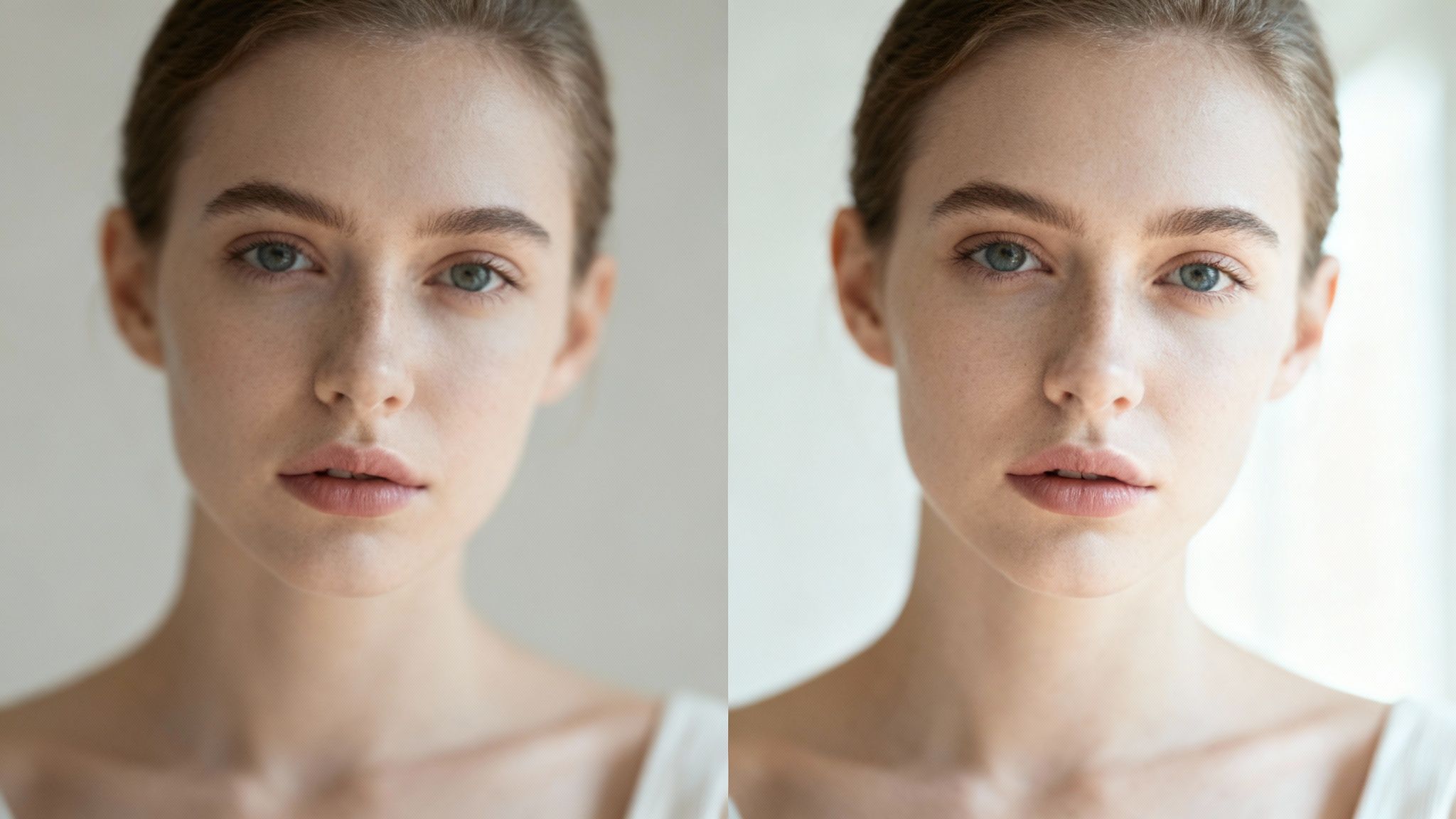 Close-up of a woman's face, demonstrating before and after image enhancement.