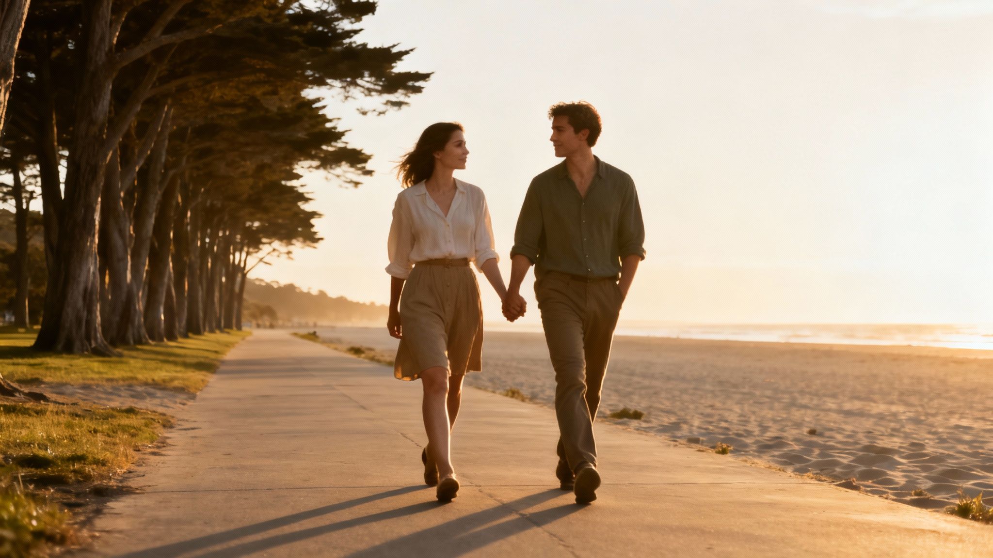 Couple holding hands walking on beach path at golden hour sunset engagement photo