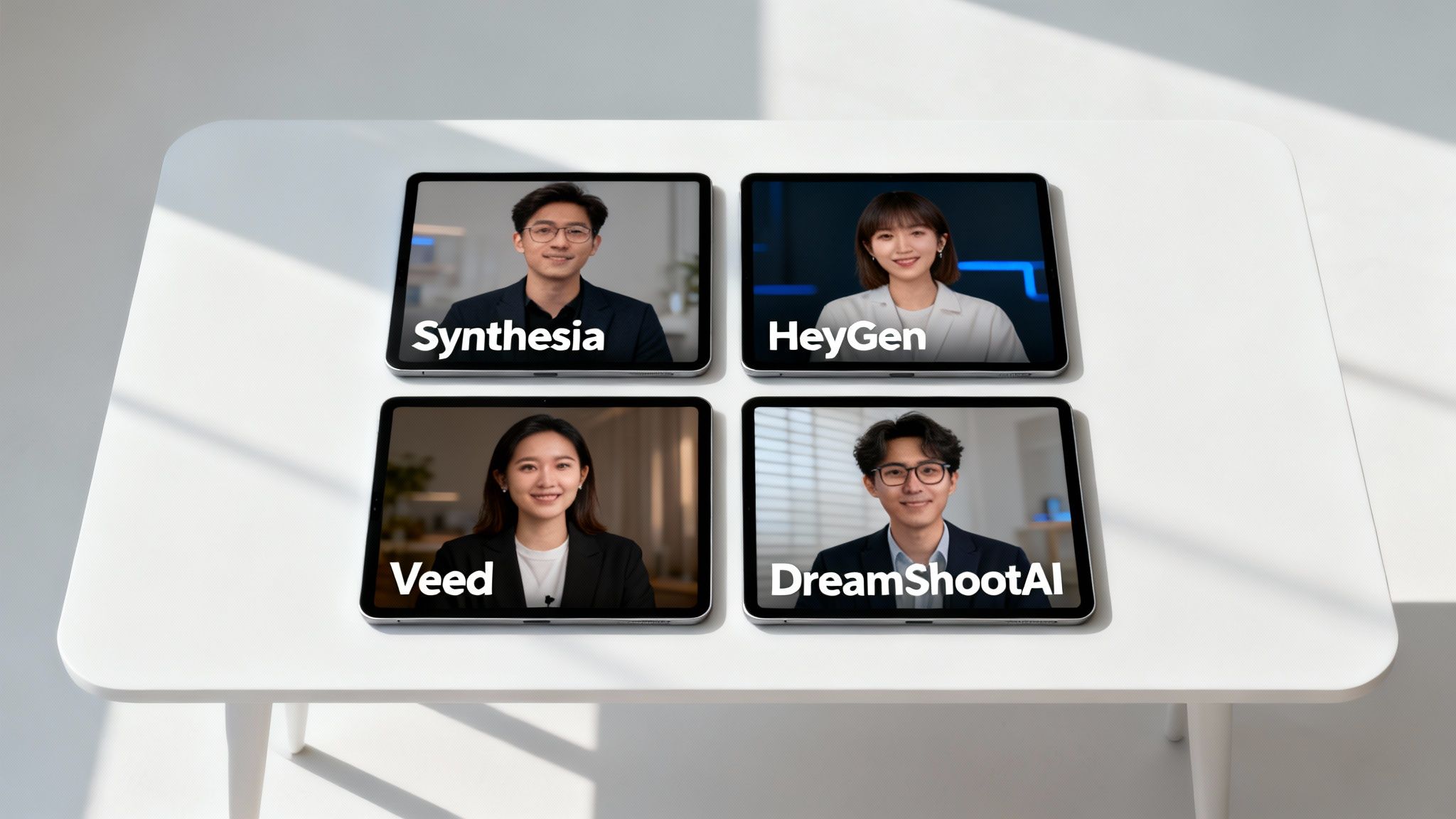 Four tablets showcasing different AI video generator software interfaces on a clean white table.