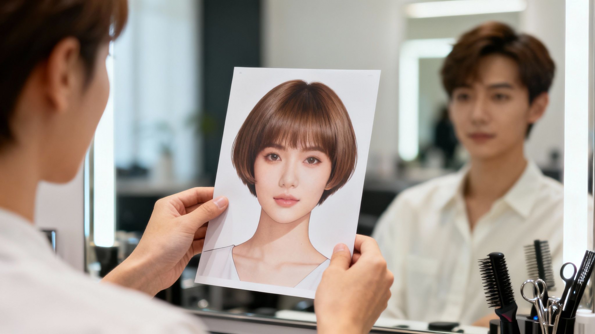 A woman confidently showing her phone with AI hairstyle previews to her hairstylist in a bright, modern salon.