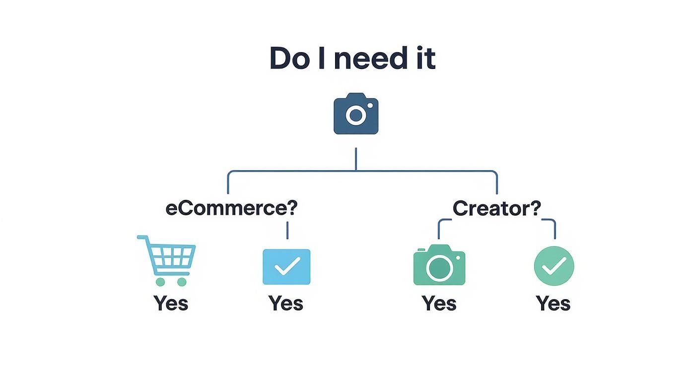 Infographic decision tree asking if a background remover is needed for eCommerce or content creation.