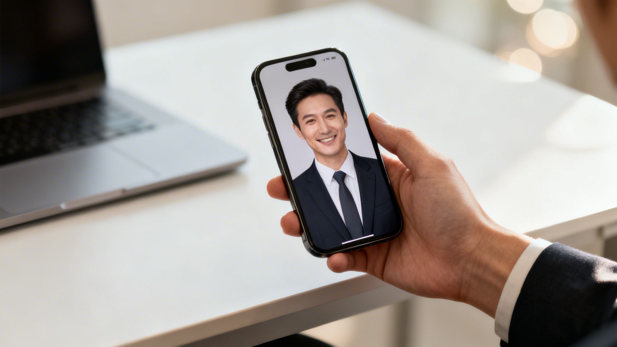 A hand holds a smartphone displaying a smiling man in a suit, a professional profile picture.