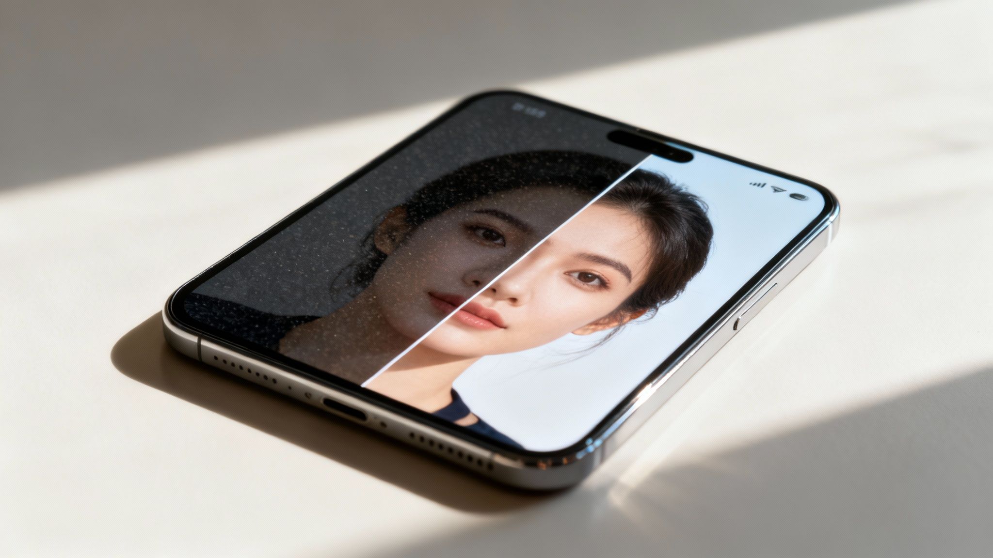 Smartphone displaying split image of photo before and after brightness correction and editing