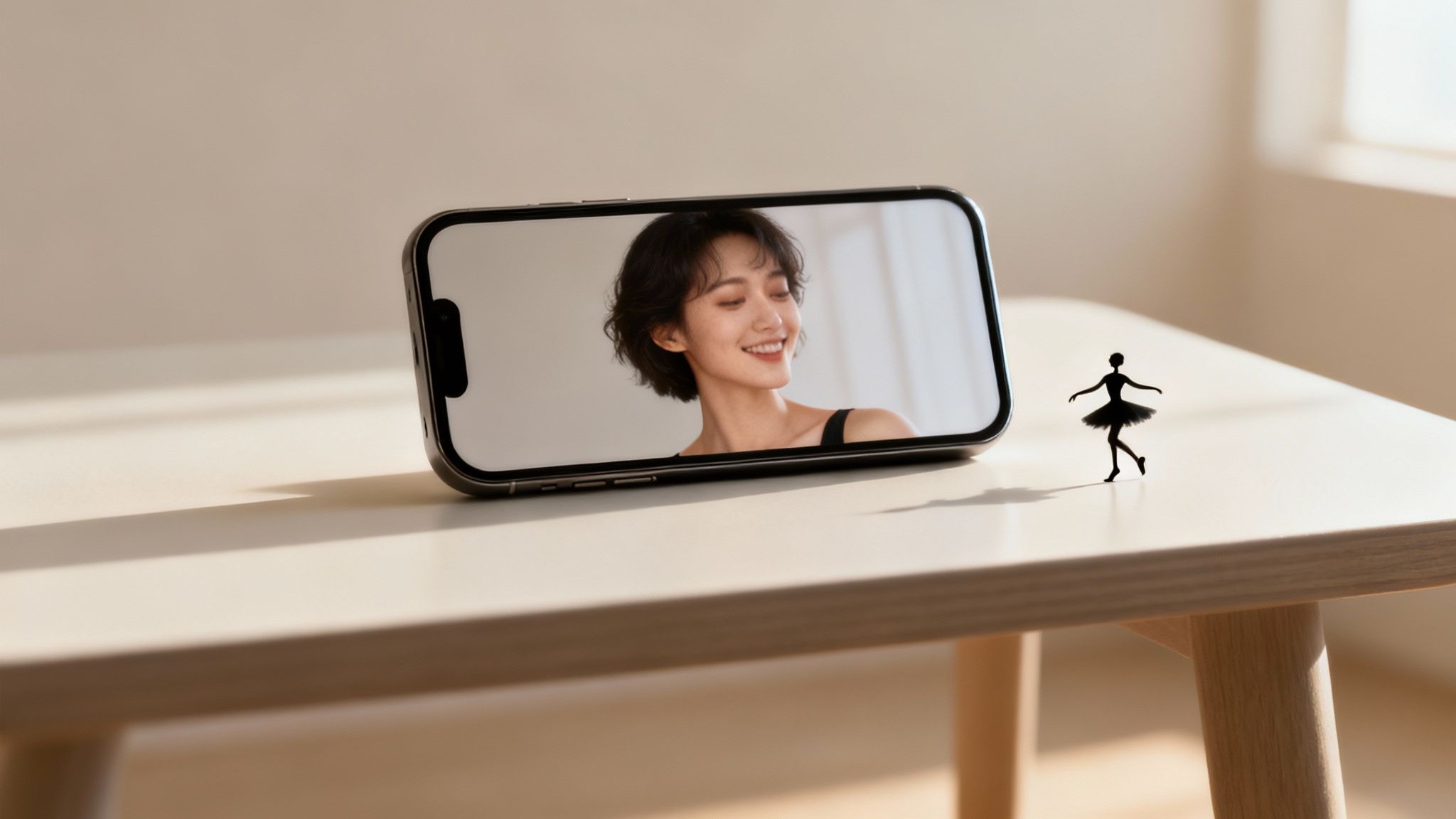 A smartphone displays a smiling woman, with a tiny ballerina figurine dancing on the table next to it.