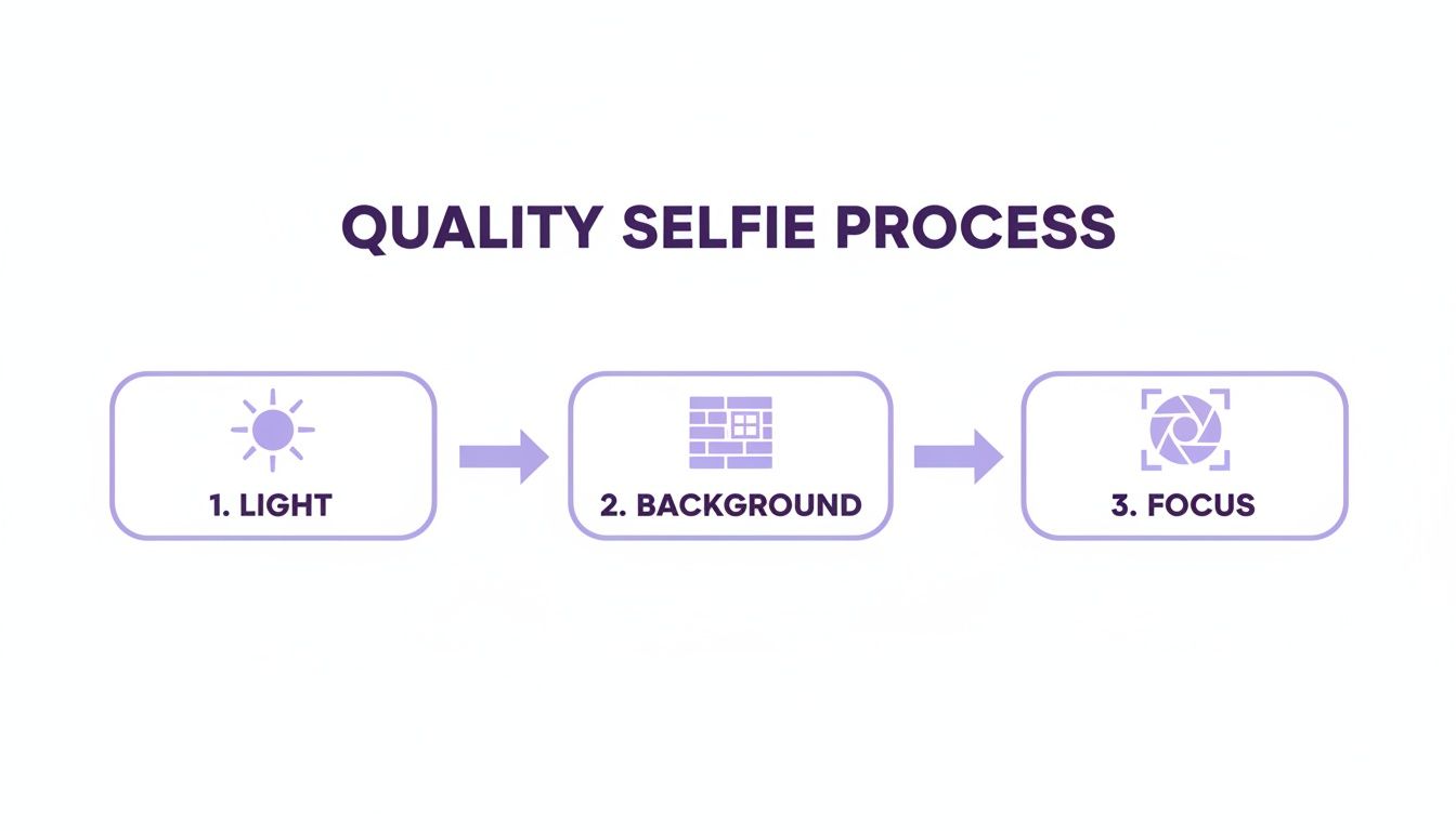 A diagram outlining the quality selfie process, showing three steps: light, background, and focus.