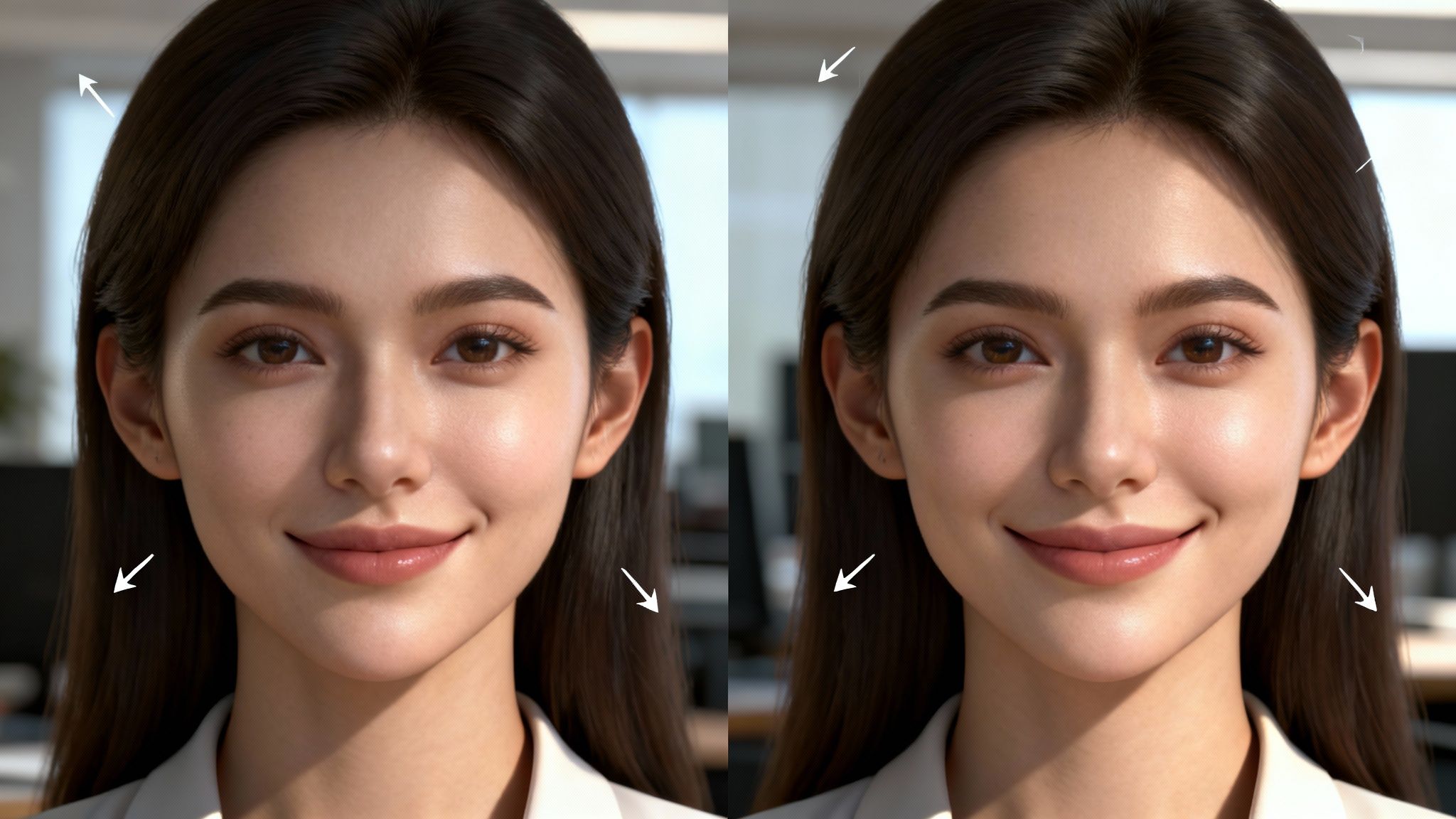 A side-by-side comparison of an AI headshot before and after refinement, showing improved lighting and a different background.