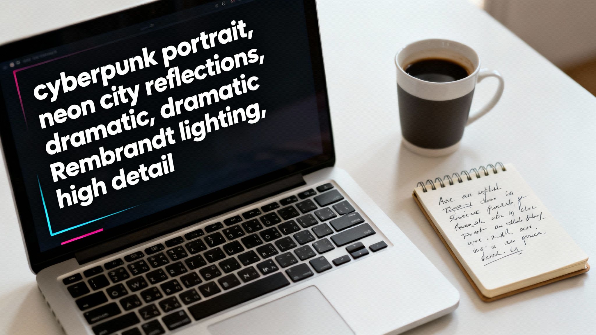 A laptop displaying a text prompt next to a coffee mug and a notepad on a white desk.