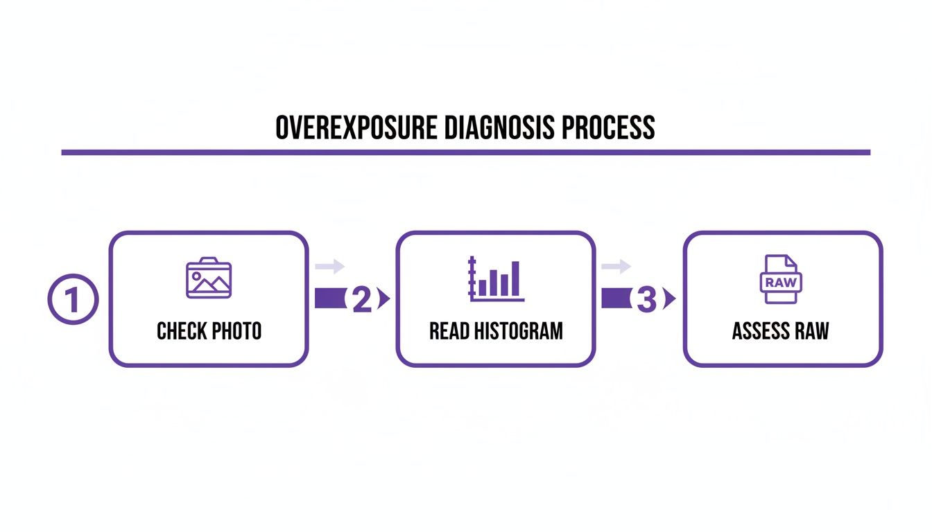 Diagram illustrating a three-step overexposure diagnosis process: check photo, read histogram, assess RAW.