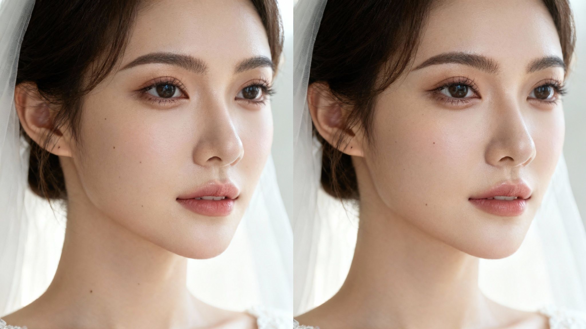 A perfectly retouched wedding photo showing a bride's flawless portrait.