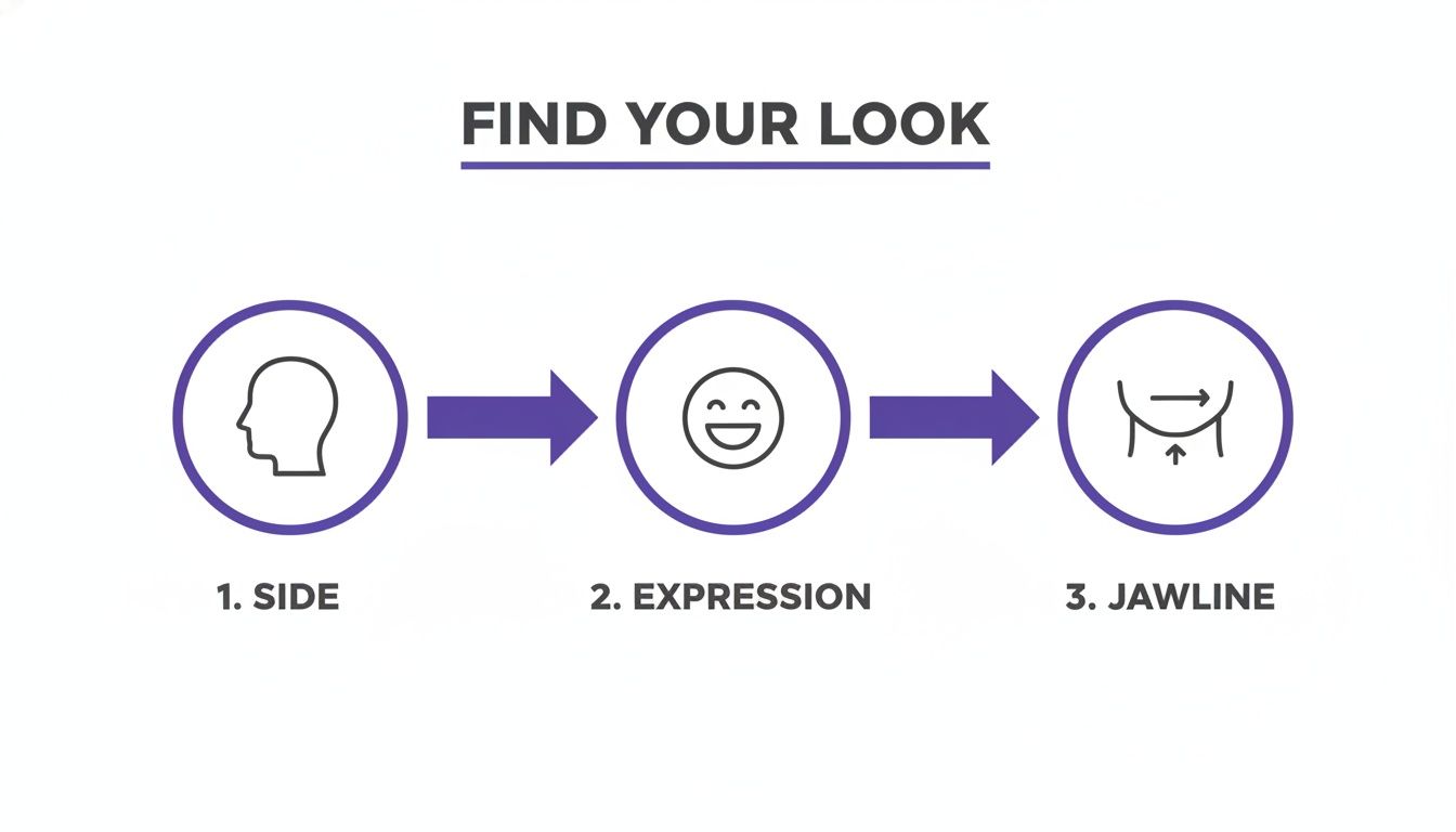 A diagram titled 'Find Your Look' illustrating three steps: 1. Side profile, 2. Expression, 3. Jawline.