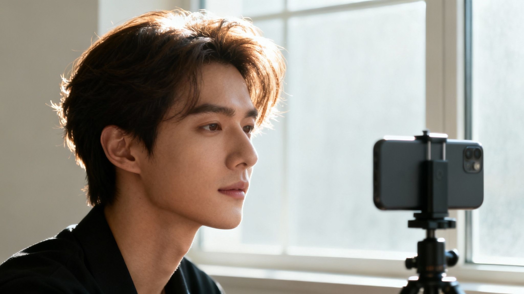 A young man with sunlit brown hair records a video with a smartphone on a tripod.