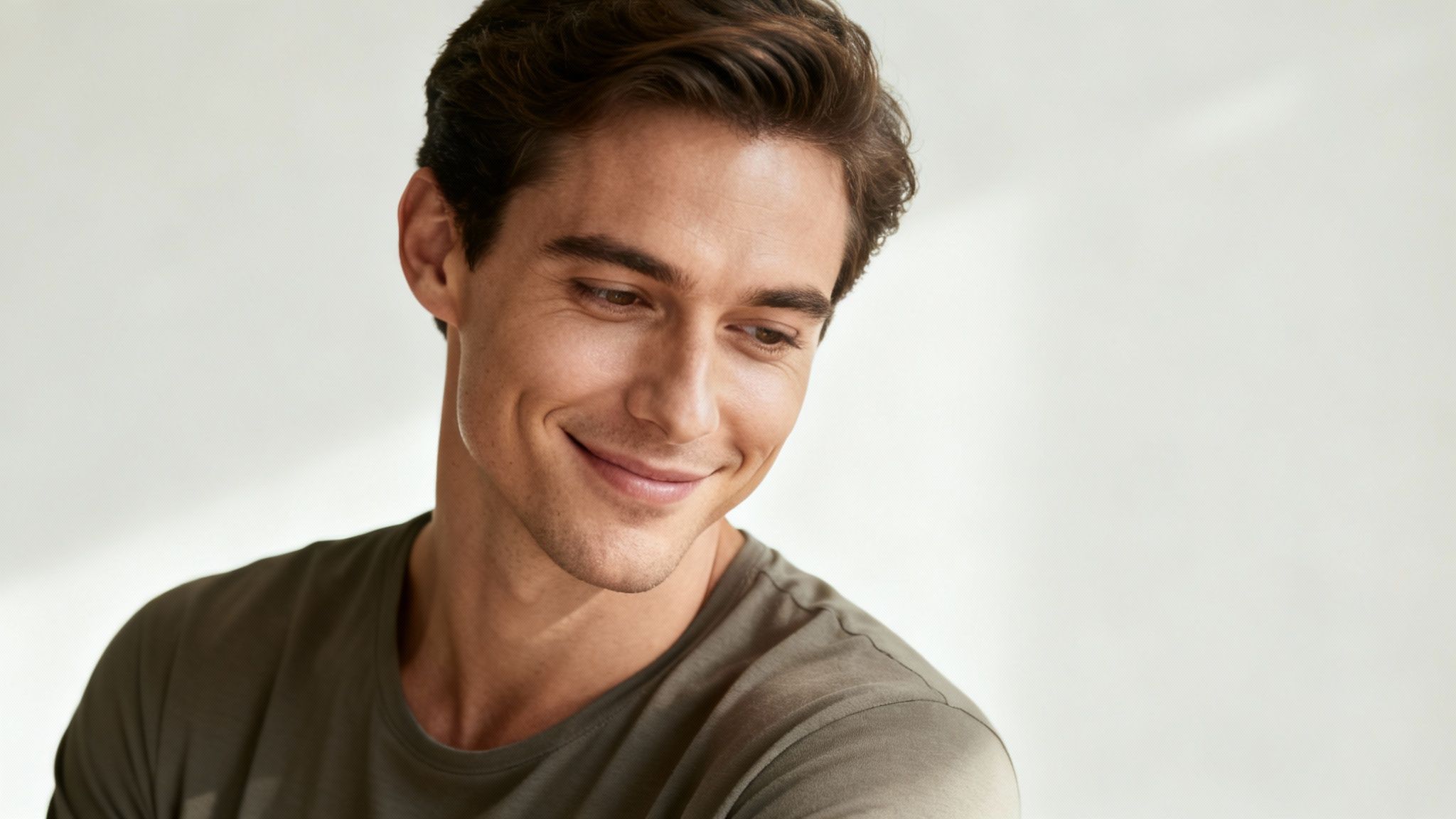 A person posing for a professional headshot at home, demonstrating good posture and a confident smile.