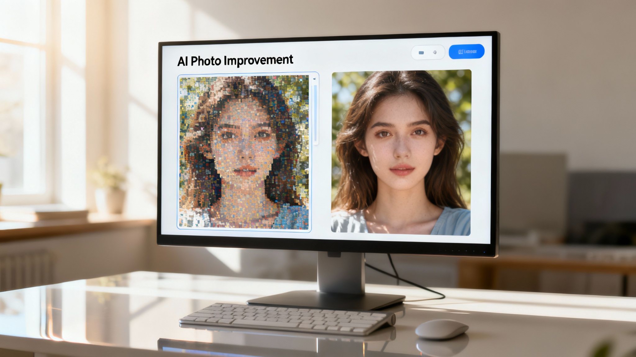A computer monitor displays an AI photo improvement app with a pixelated and enhanced image of a woman.