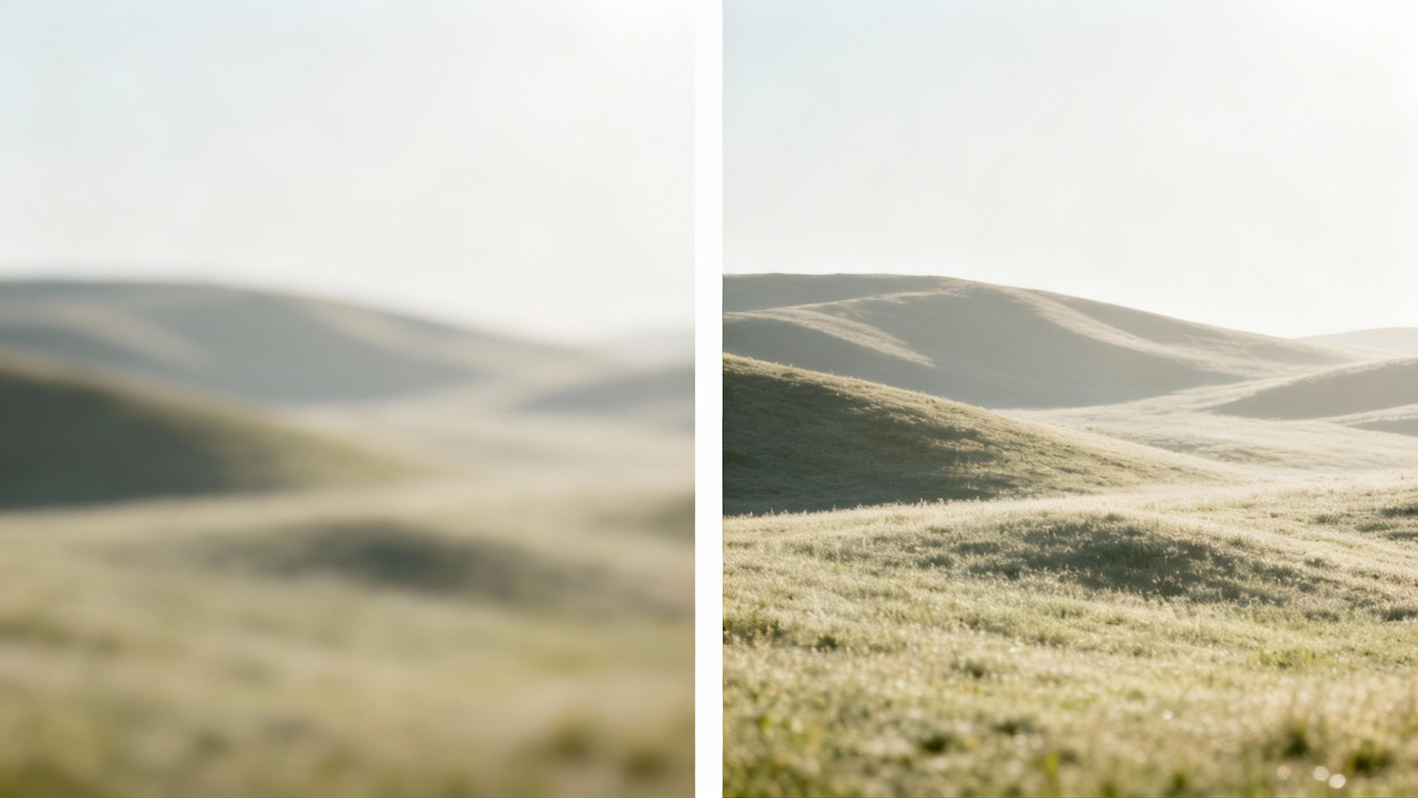 Comparison of blurry and sharp images of sunlit, rolling grassy hills and landscape.