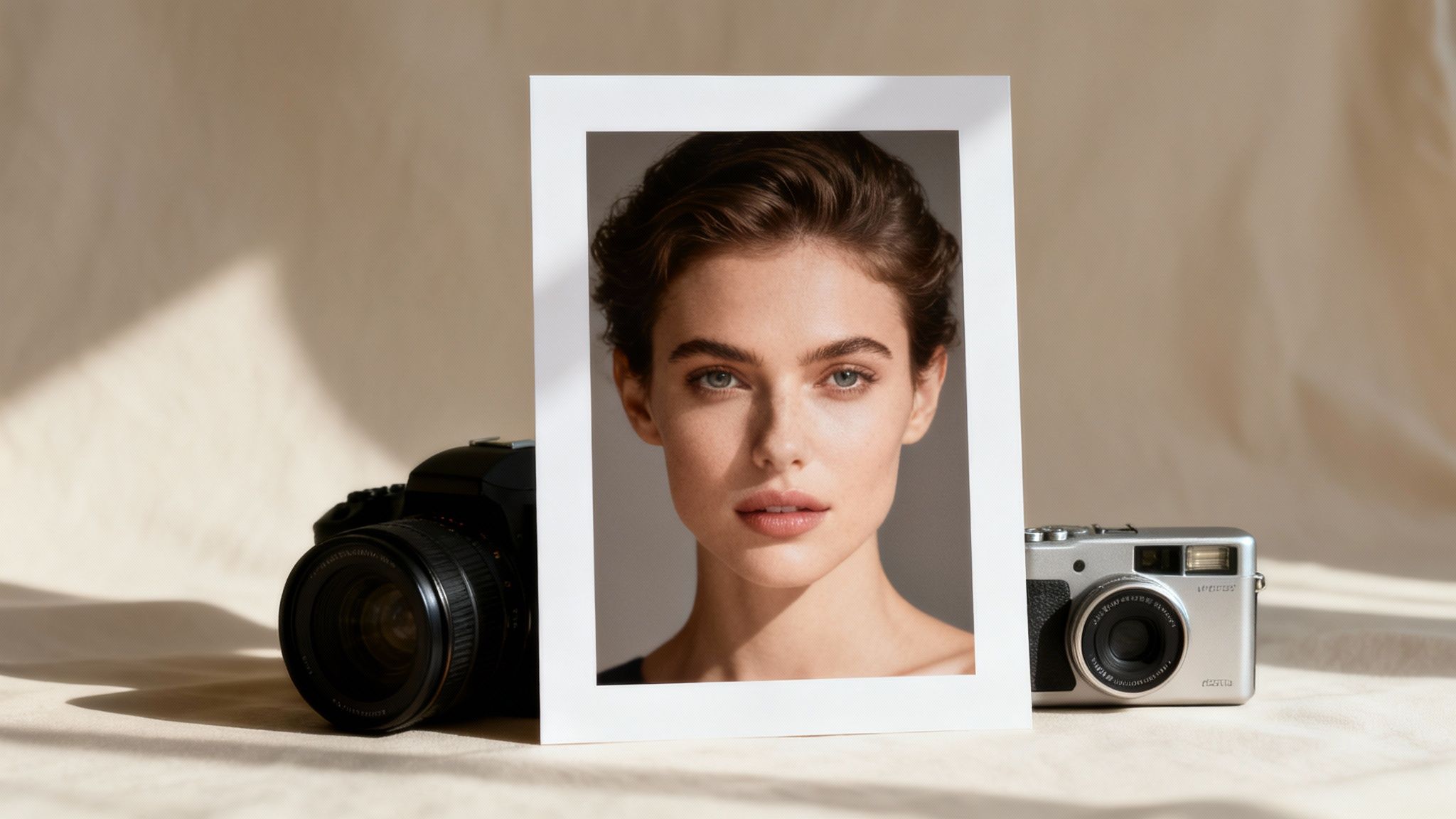 Two cameras and a framed portrait of a beautiful woman on a beige background with dappled shadows.