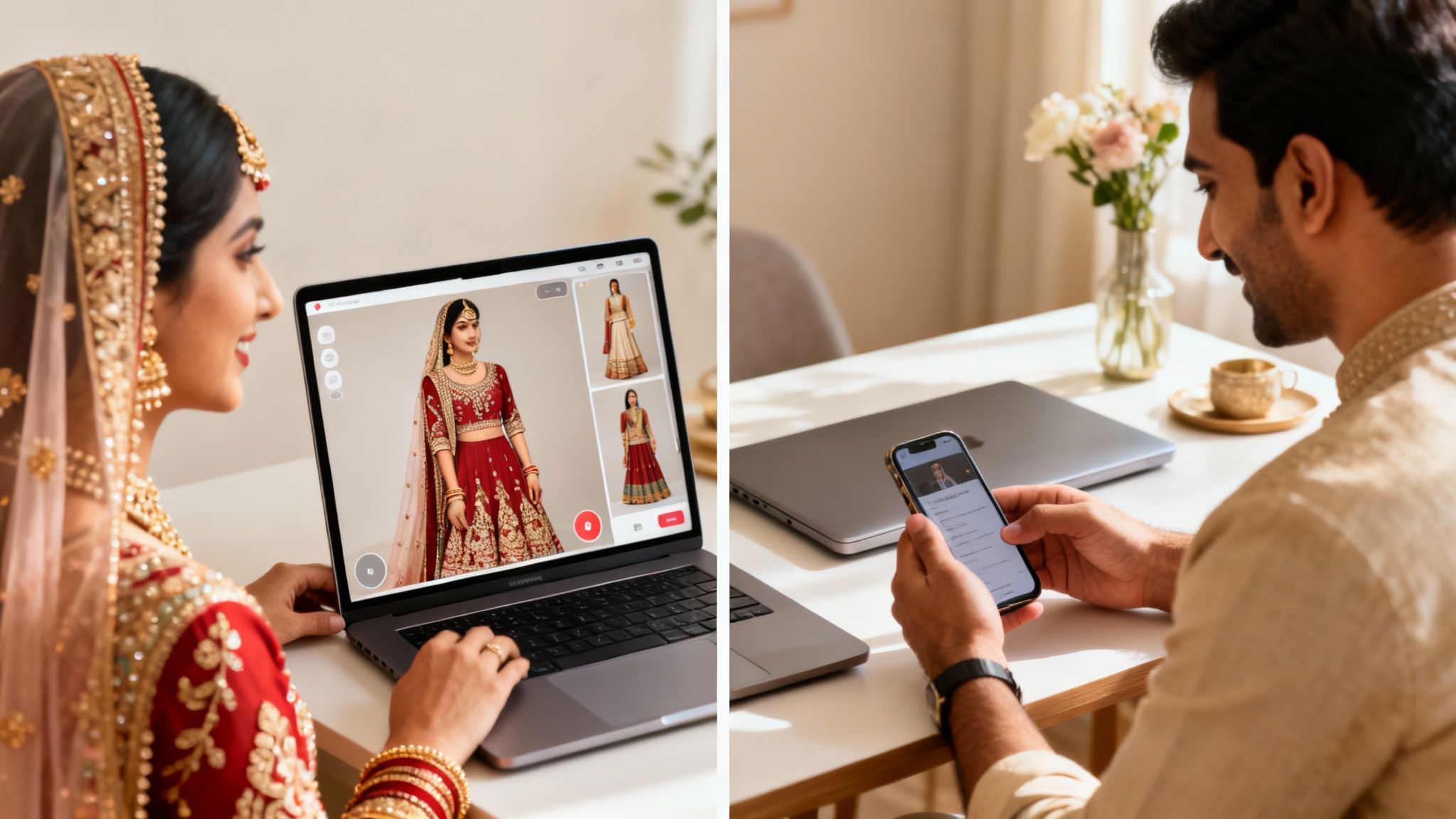 A woman in a red bridal lehenga uses a laptop to virtually try on wedding outfits.