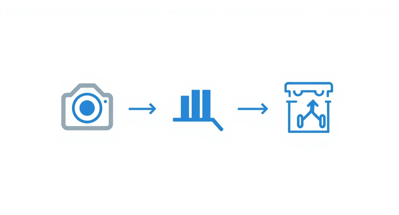 Workflow diagram showing camera icon, data analysis chart, and storefront representing photo editing process steps