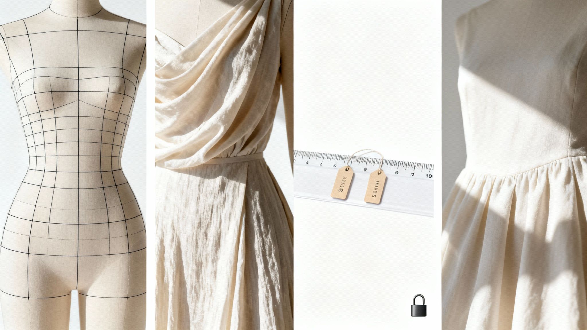 A collage showing fashion design elements: a grid mannequin, draped fabric, sizing tags, and a simple dress.