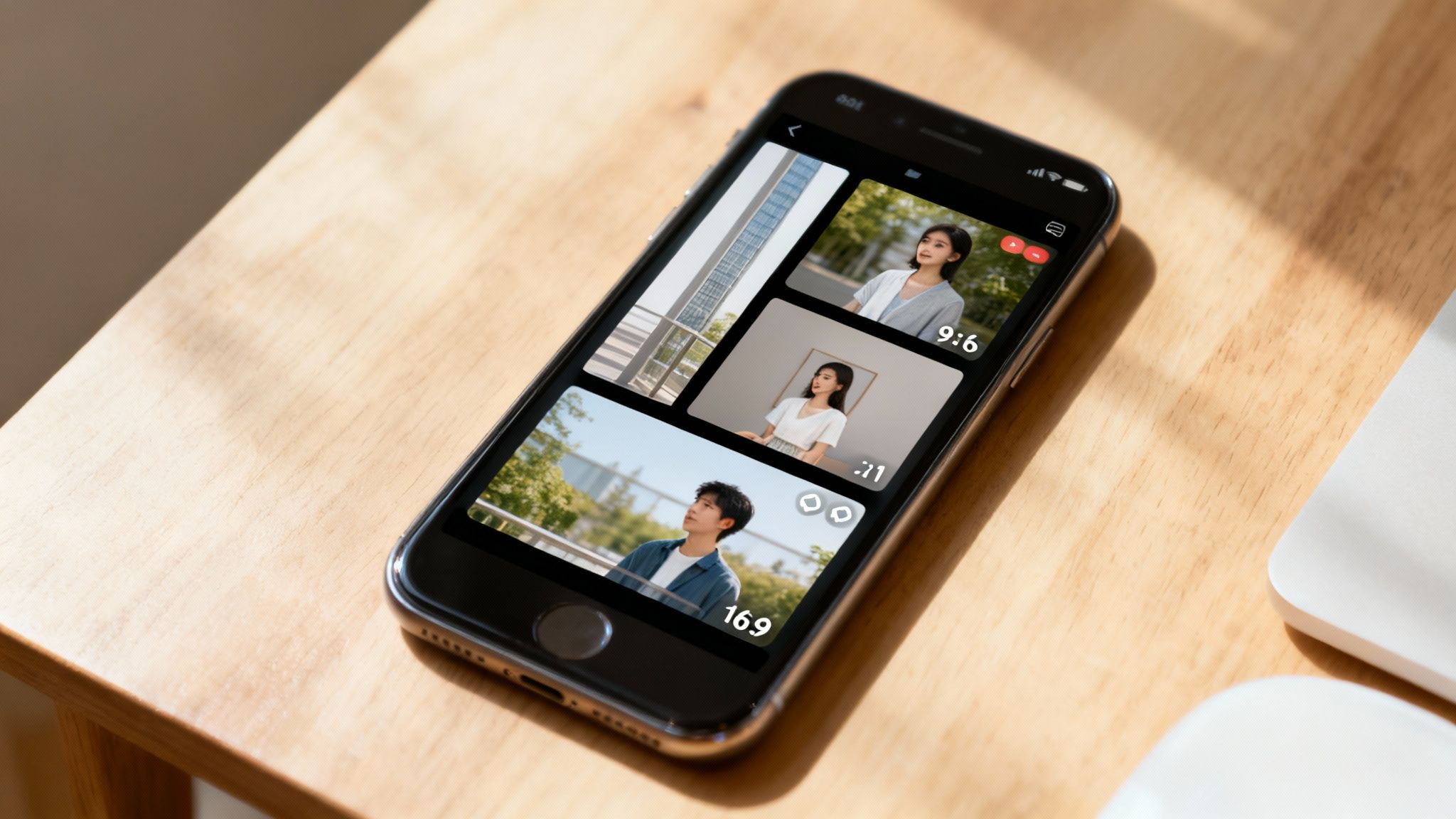 A smartphone on a wooden desk displays a video editing app with multiple video clips and aspect ratios.