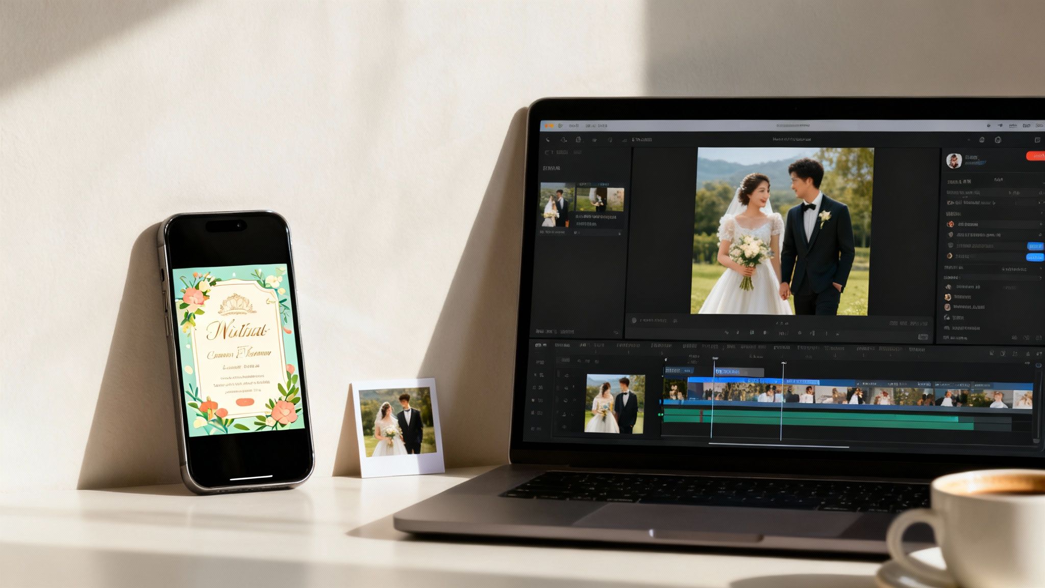 A laptop with video editing software displaying a wedding couple, a phone with a wedding invitation, and a printed photo.