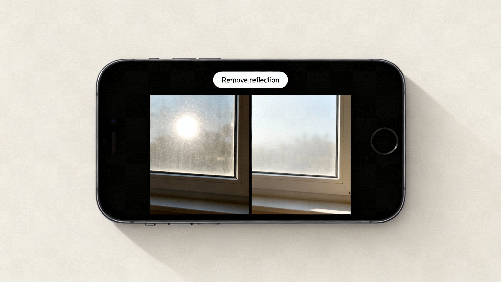 Smartphone screen showing a window with sun glare on the left and the same window with glare removed on the right.