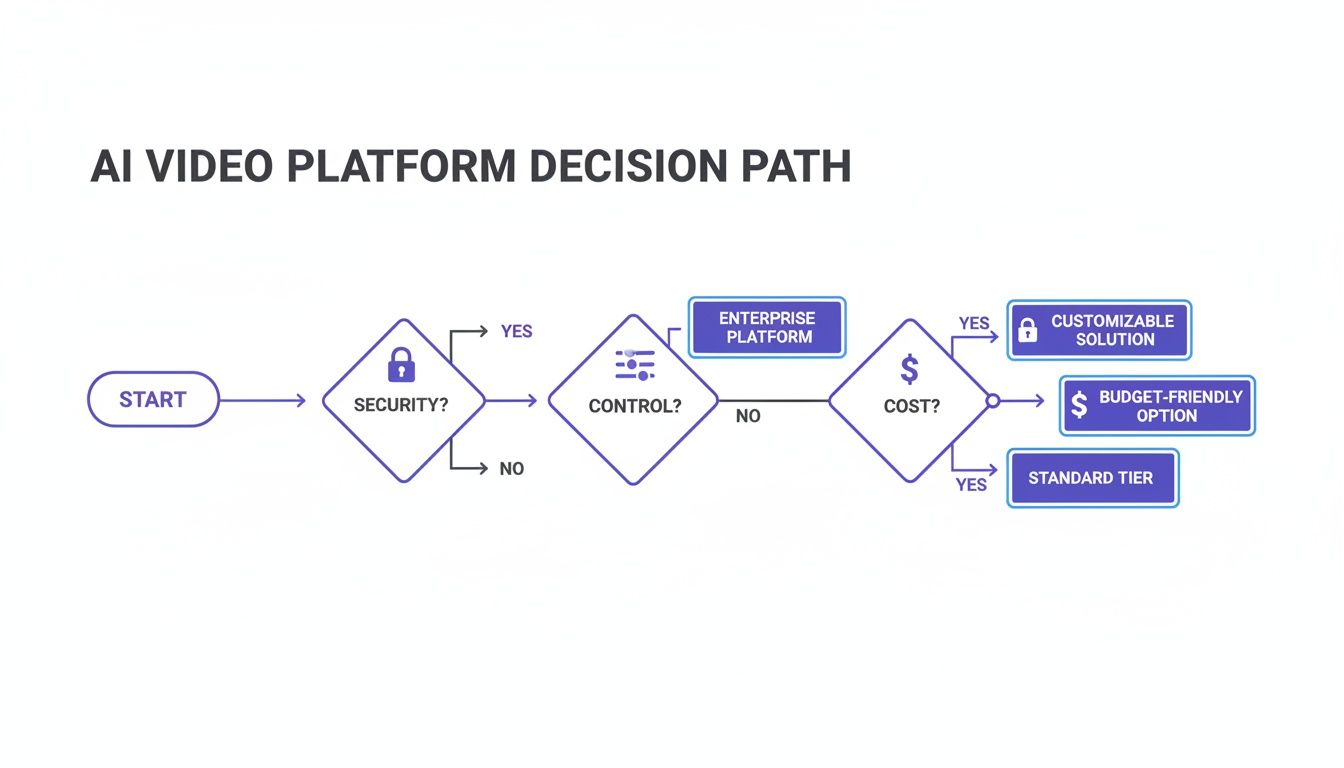Flowchart illustrating the AI video platform decision path based on security, control, and cost factors.